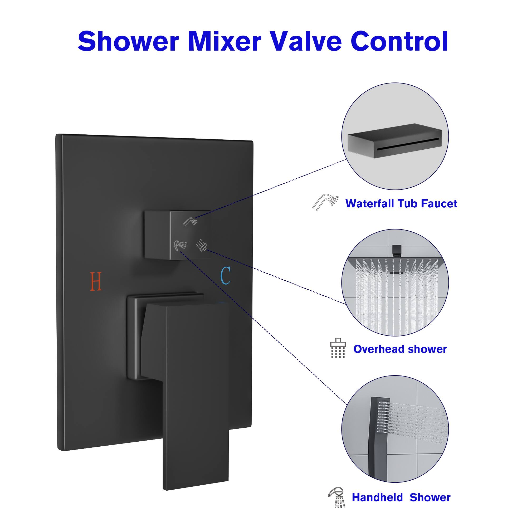 Shower Mixer Valve Control

- H
- C

Waterfall Tub Faucet

Overhead shower

Handheld Shower
