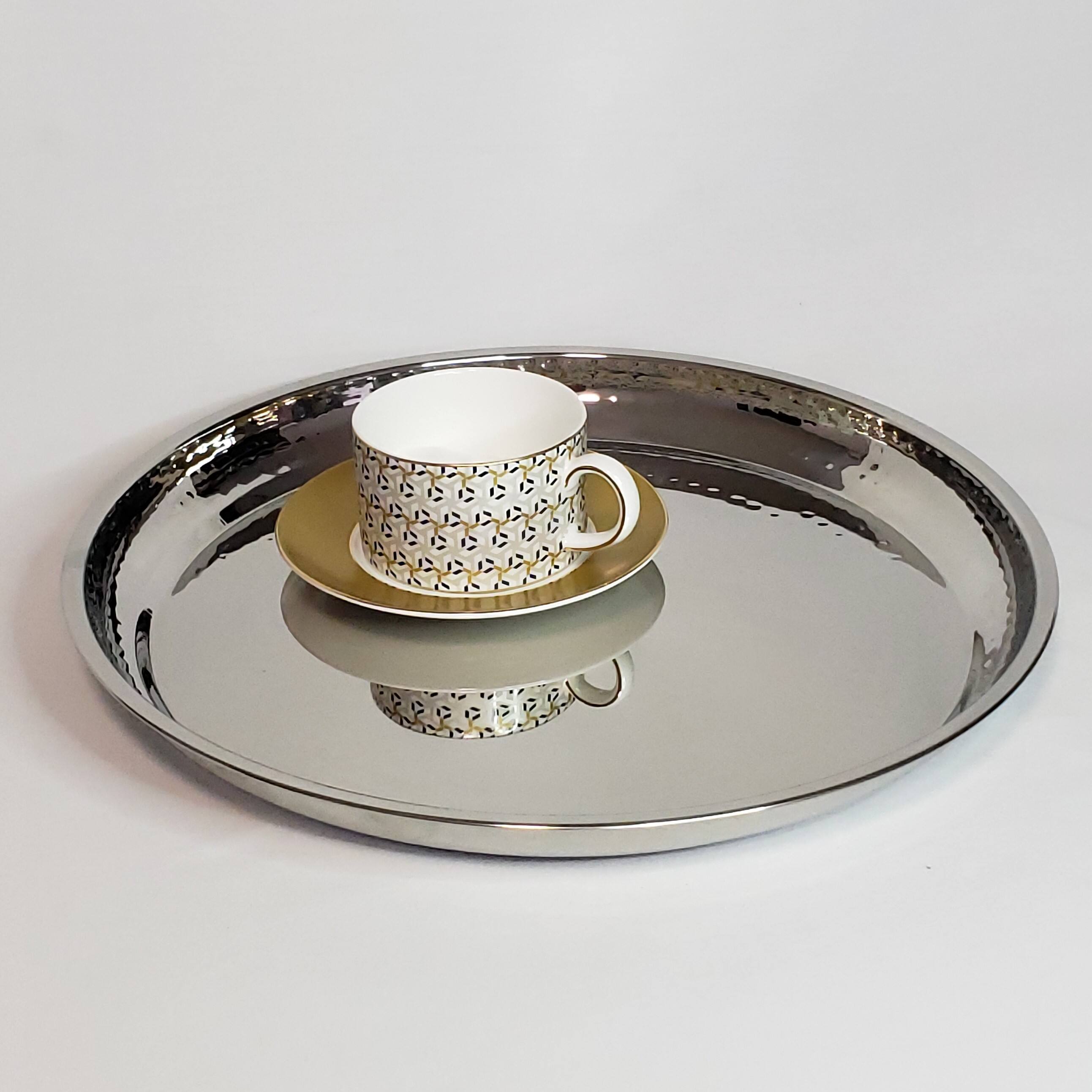Left. Jiallo - Stainless Steel Silver Round tray, partially hammered, 14" - Silver.