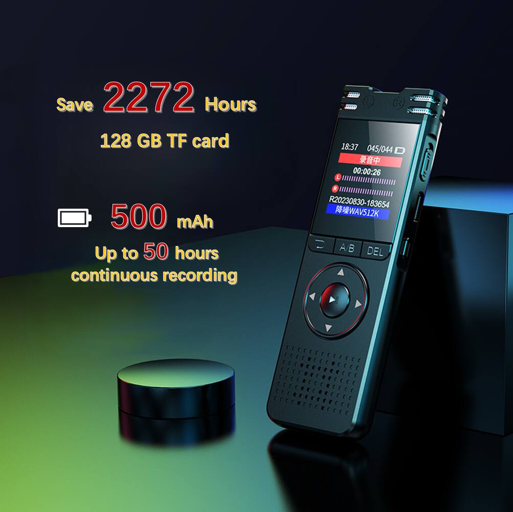 Save 2272 Hours  
128 GB TF card  
500 mAh  
Up to 50 hours continuous recording  

18:37  
045/044  
00:00:26  
R20230830-183654  
WAV512K  
A/B  
DEL