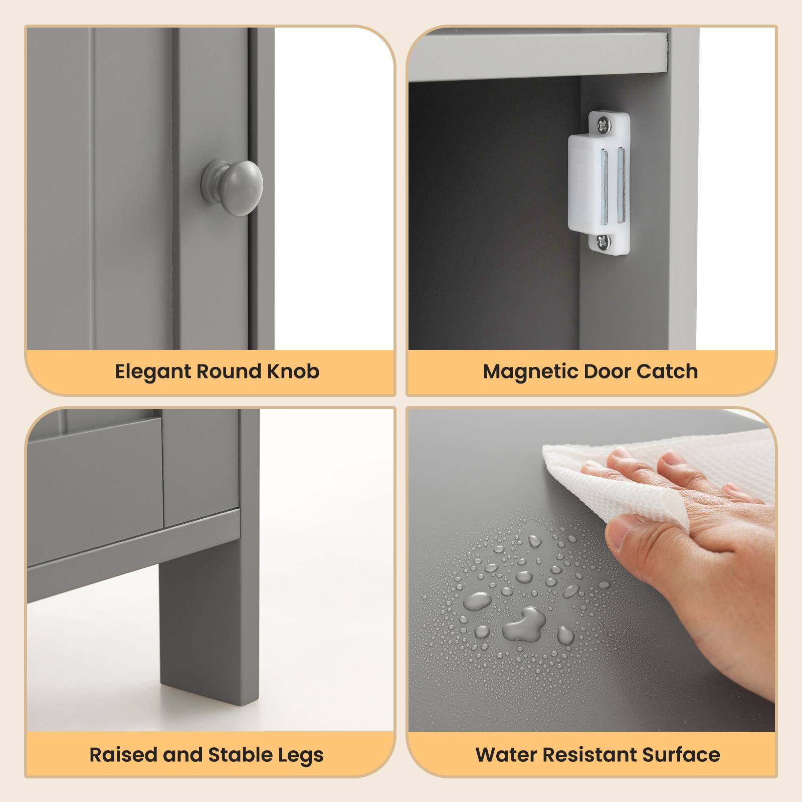 D Elegant Round Knob, Magnetic Door Catch, Raised and Stable Legs, Water Resistant Surface