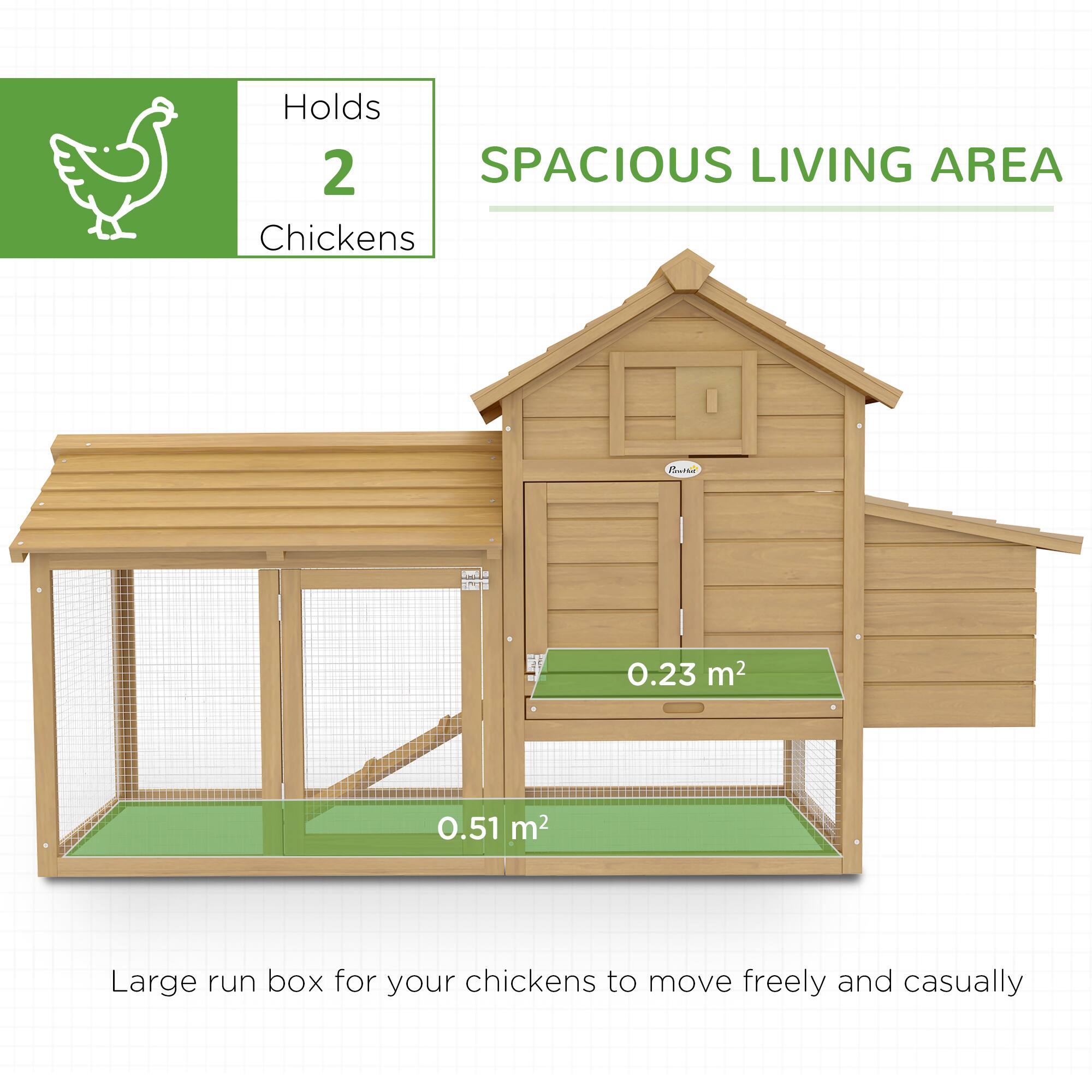 Holds 2 Chickens

SPACIOUS LIVING AREA

0.23 m²

0.51 m²

Large run box for your chickens to move freely and casually