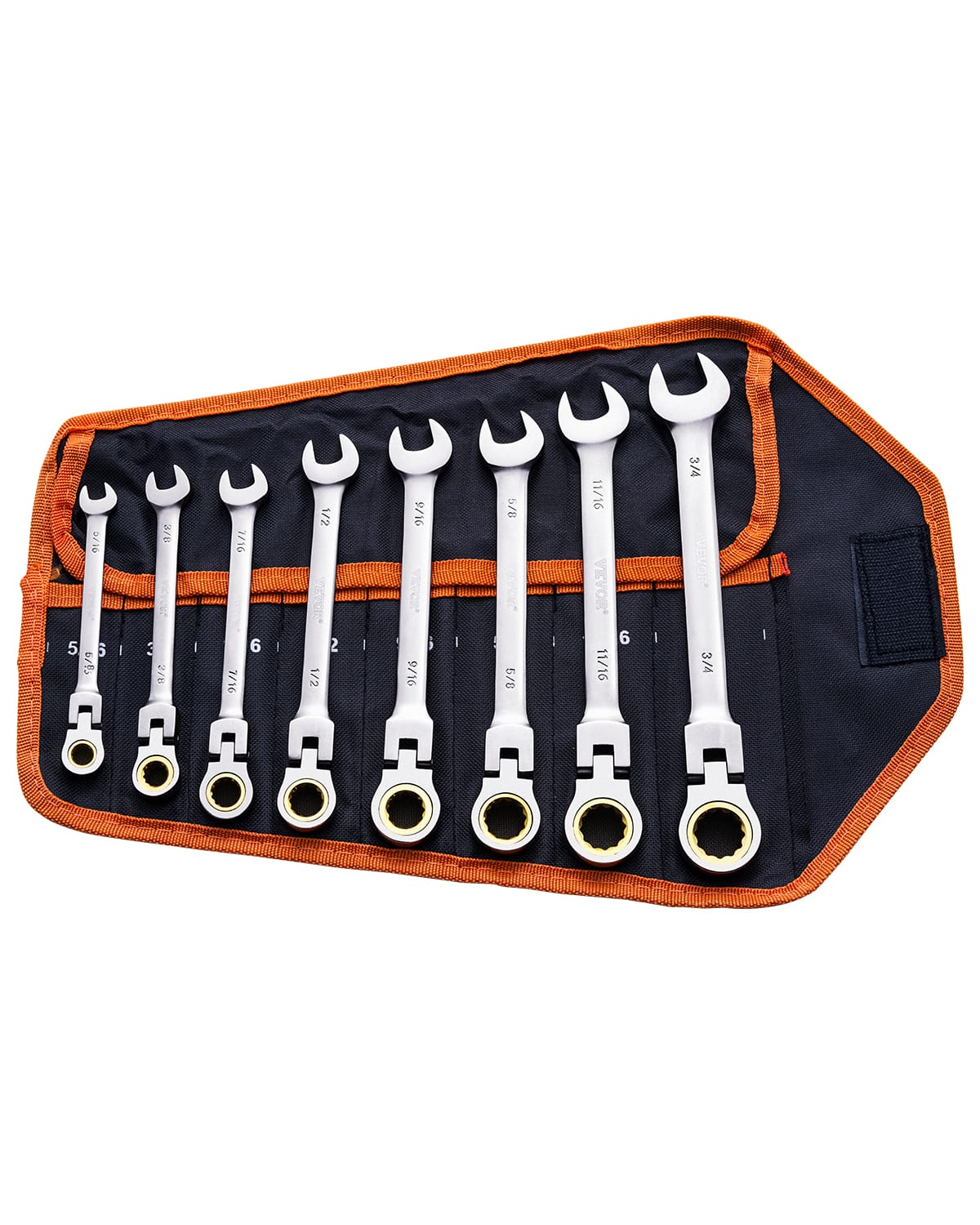 VEVOR - Flex-Head Ratcheting Wrench Set, 8-piece Combination Wrench Set with Roll-up Pouch, Cr-V Steel Flexible Ratcheting - Silver