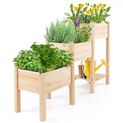 Front. Gymax - Gymax 3-Tier Wooden Garden Bed Elevated Planter w/ 3 Planter Boxes, Open Storage Shelf - Natural.