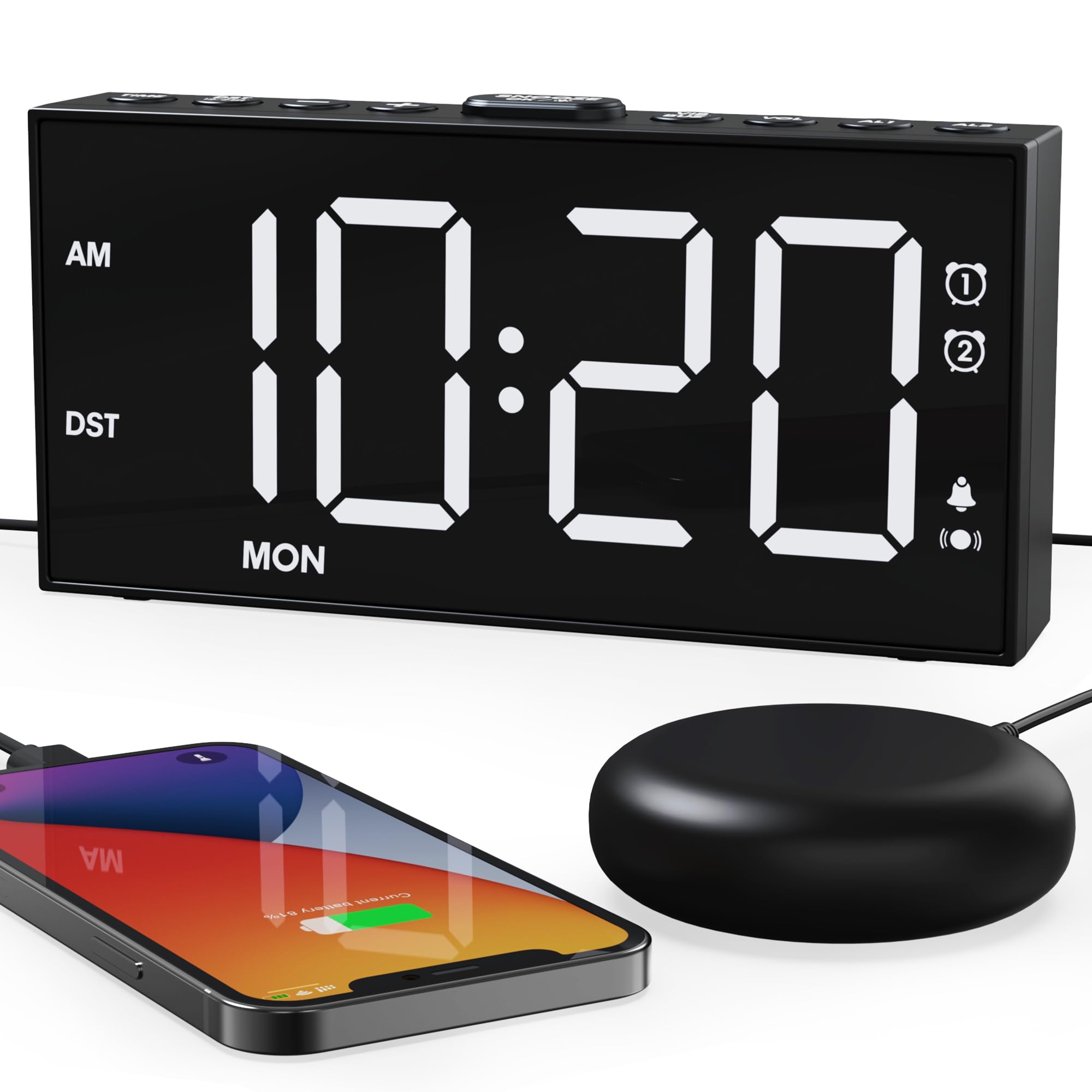 Dazzed Corner - Loud Vibrating Alarm Clock with Bed Shaker, Dual Alarm - Black