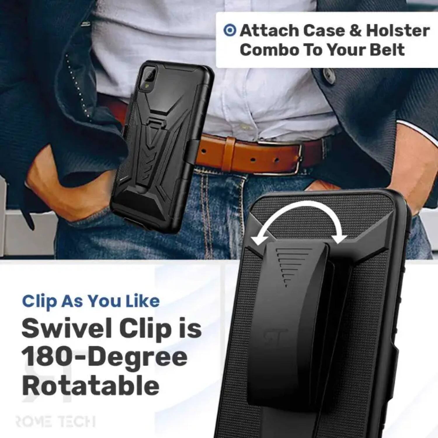 Attach Case & Holster Combo To Your Belt

Clip As You Like
Swivel Clip is 180-Degree Rotatable

ROME TECH