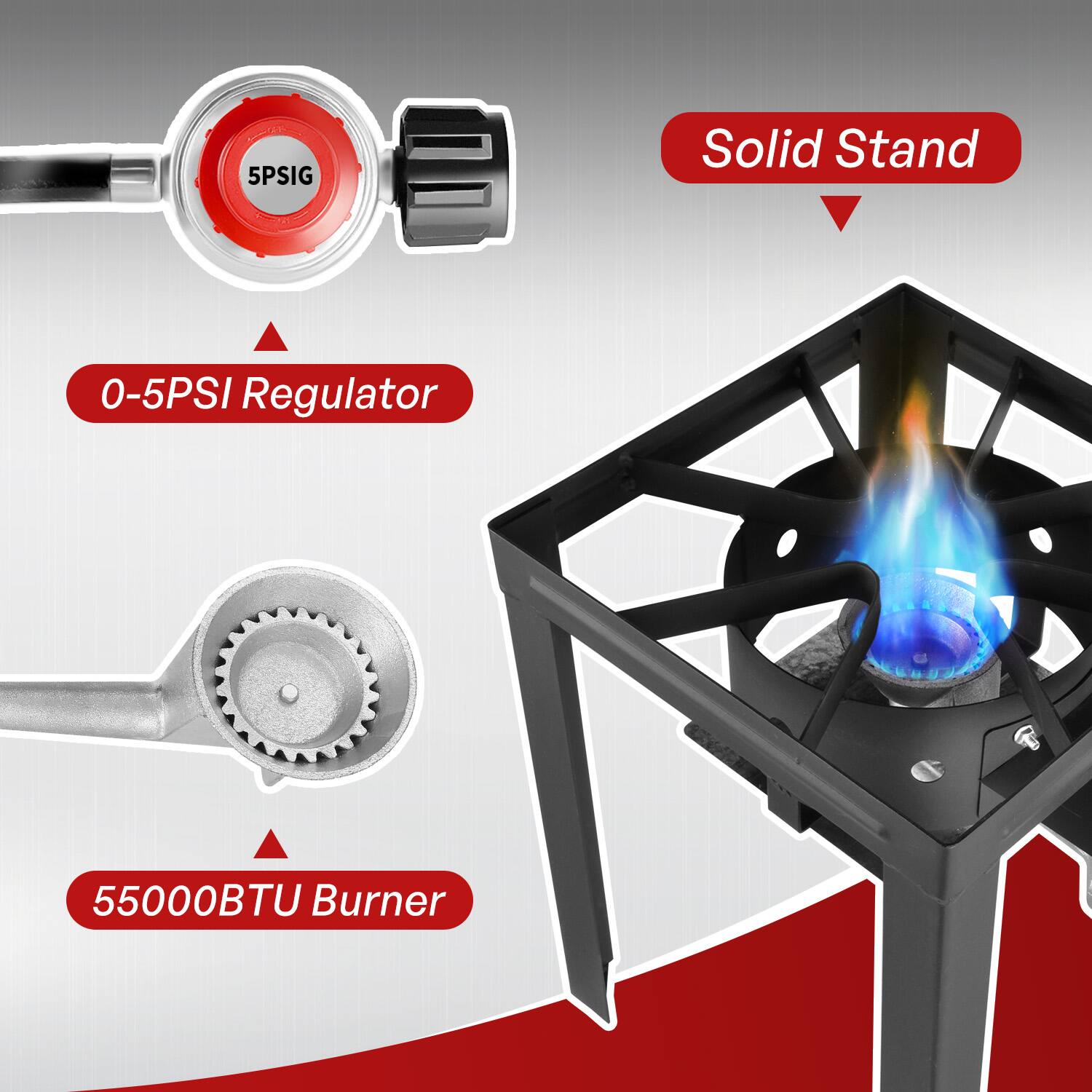 - 5PSIG Solid Stand
- 0-5PSI Regulator
- 55000BTU Burner