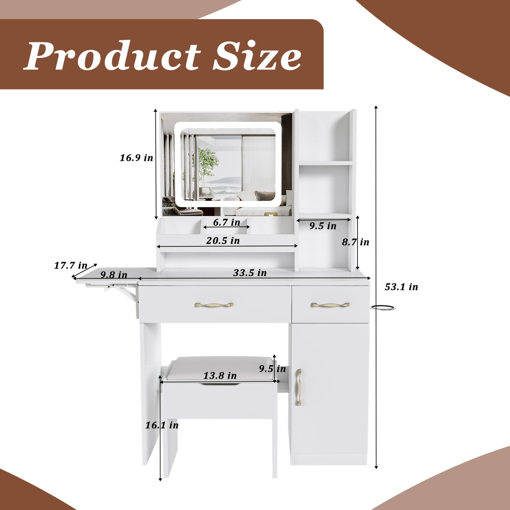 Product Size

- Width: 33.5 in
- Height: 53.1 in
- Depth: 16.9 in
- Shelf Depth: 9.5 in
- Shelf Height: 8.7 in
- Drawer Height: 9.5 in
- Drawer Width: 13.8 in
- Drawer Depth: 9.8 in
- Cabinet Height: 17.7 in
- Cabinet Width: 20.5 in
- Cabinet Depth: 6.7 in