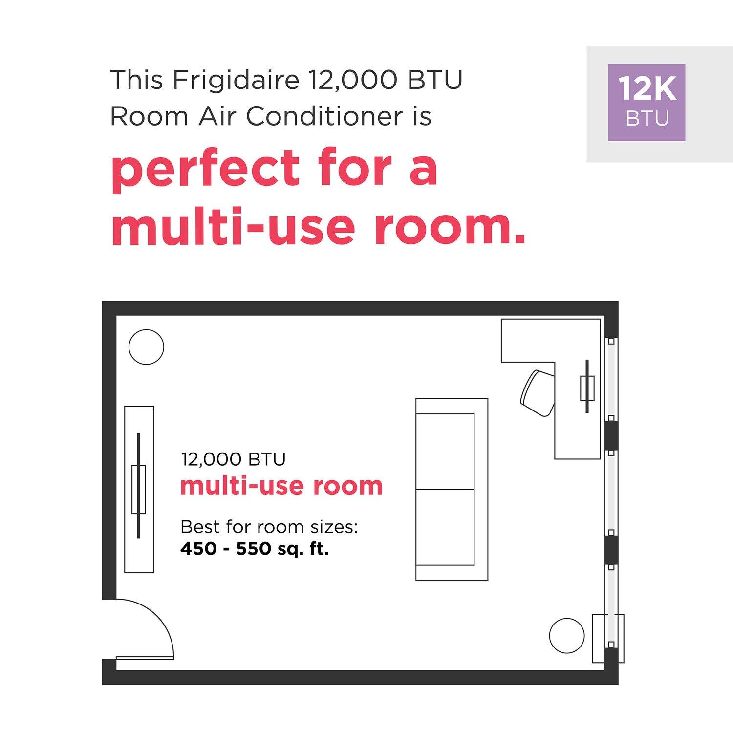 This Frigidaire 12,000 BTU Room Air Conditioner is perfect for a multi-use room. 12K BTU multi-use room Best for room sizes: 450 - 550 sq. ft.