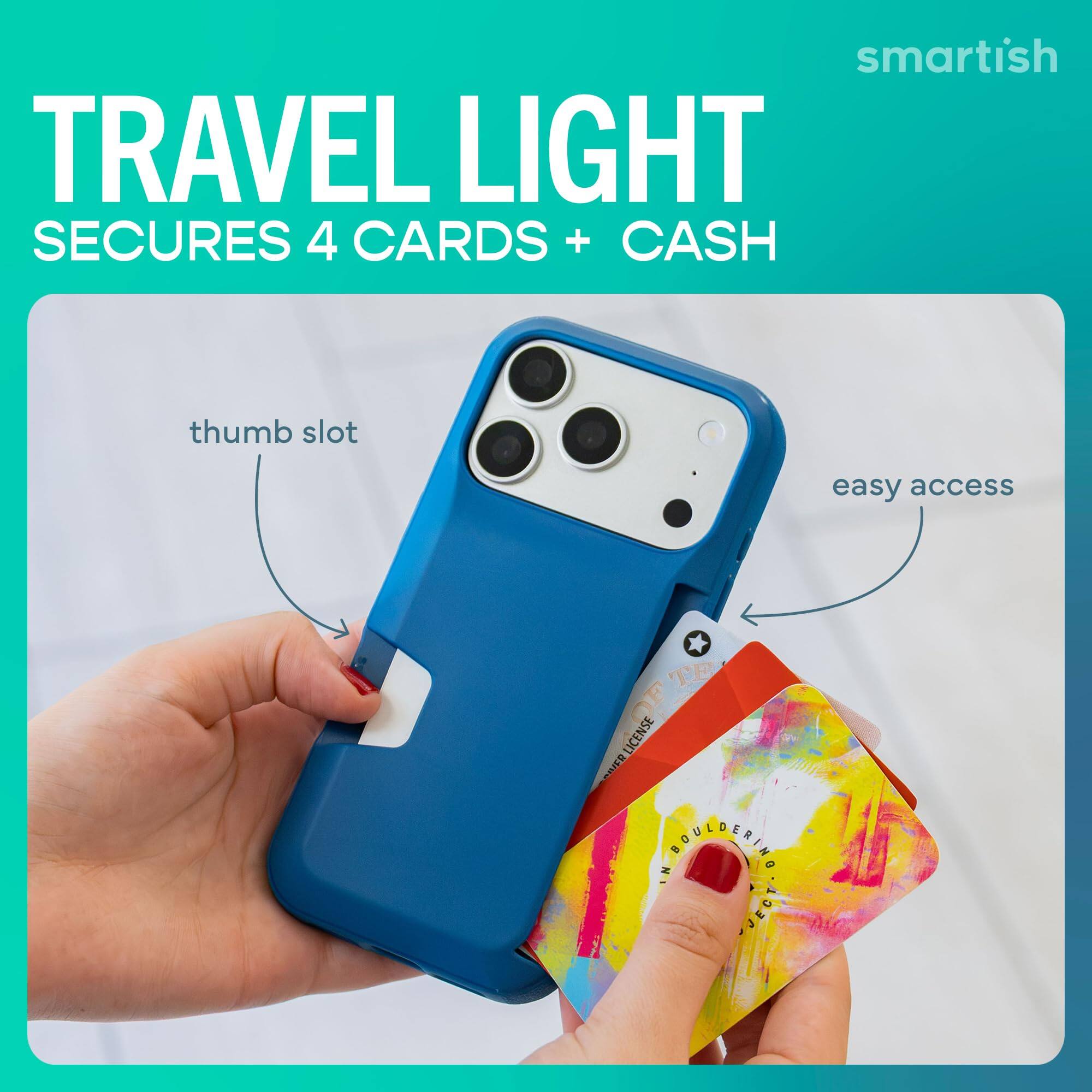 smartish TRAVEL LIGHT SECURES 4 CARDS + CASH  
thumb slot  
easy access  
DRIVER LICENSE BOUNDERING