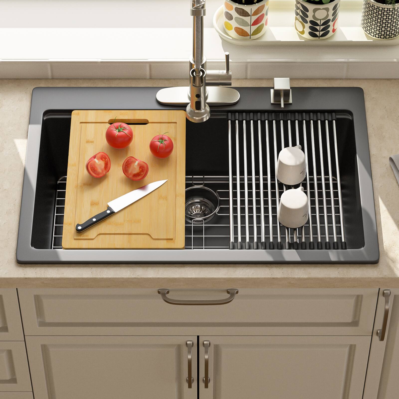 Angle. Lordear - 33x22x10 Inch Black Granite Composite Drop In Workstation kitchen Sink Single Bowl Quartz Kitchen Sink - Black.