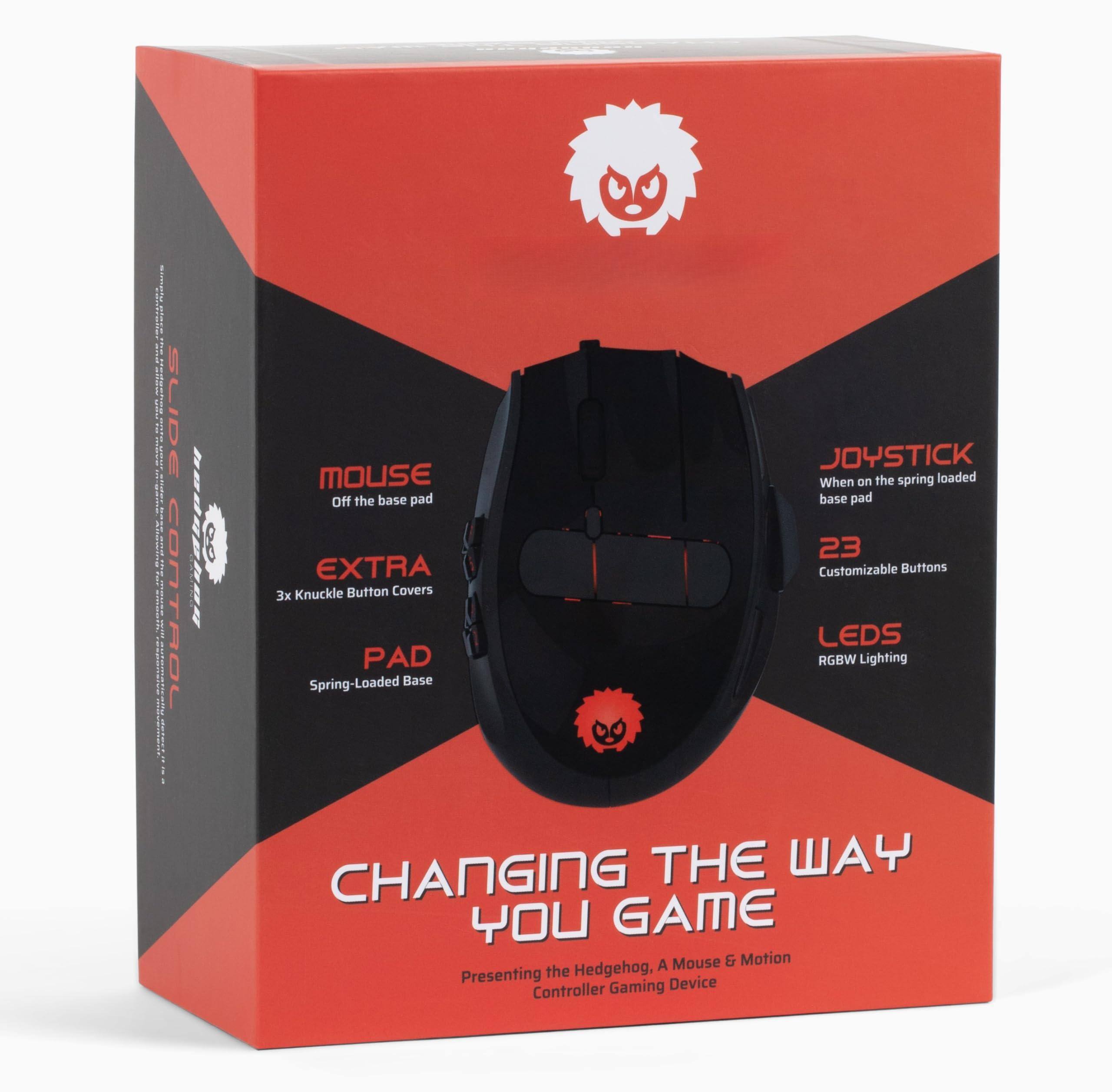 Sure, here is the corrected and grouped text from the image:

---

**SLIDE R CONTROL**

**MOUSE**
- Off the base pad

**JOYSTICK**
- When on the spring-loaded base pad

**EXTRA**
- 3x Knuckle Button Covers

**PAD**
- Spring-Loaded Base

**LEDS**
- RGBW Lighting

**23 Customizable Buttons**

**CHANGING THE WAY YOU GAME**
- Presenting the Hedgehog, A Mouse & Motion Controller Gaming Device

---