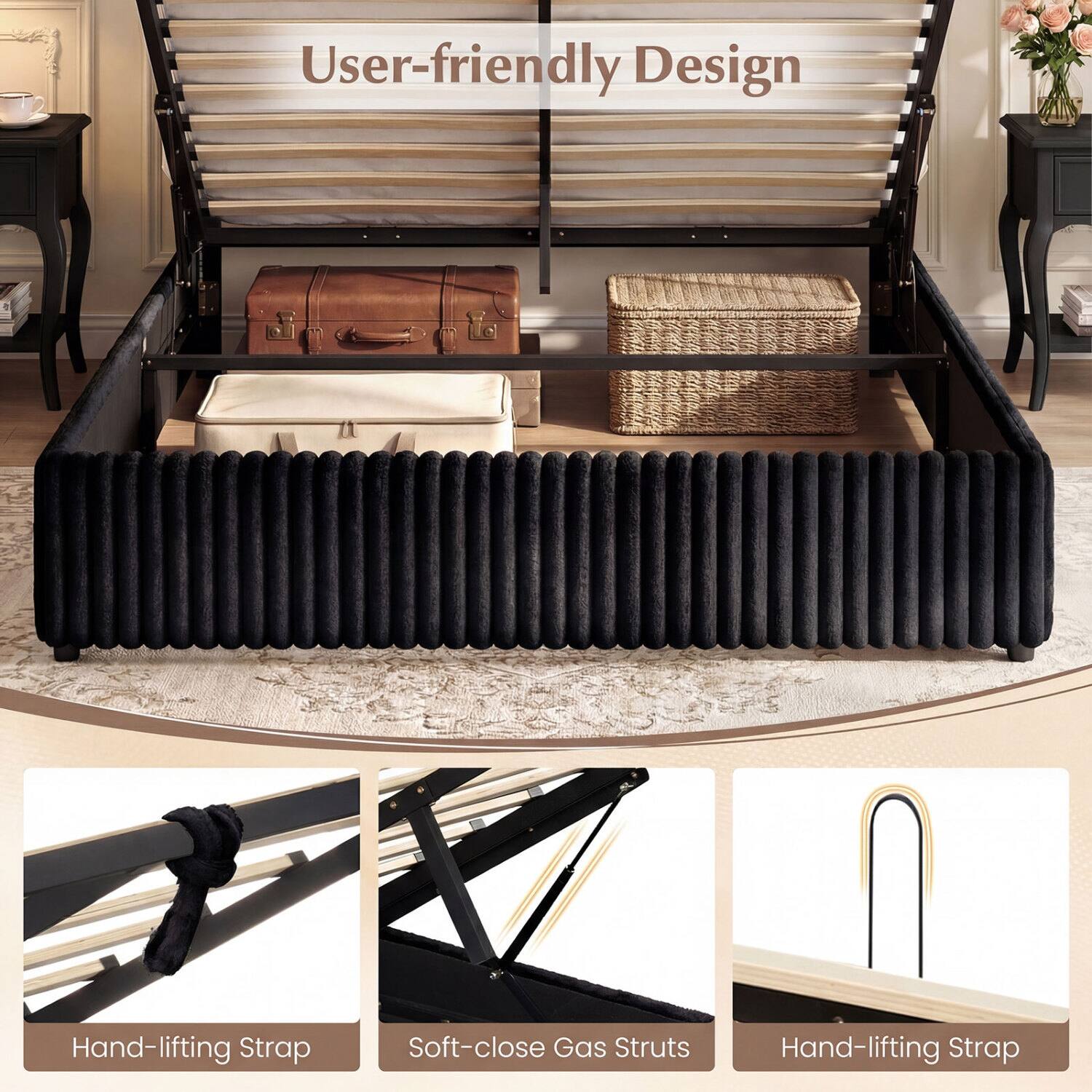 User-friendly Design  
- Hand-lifting Strap  
- Soft-close Gas Struts  
- Hand-lifting Strap