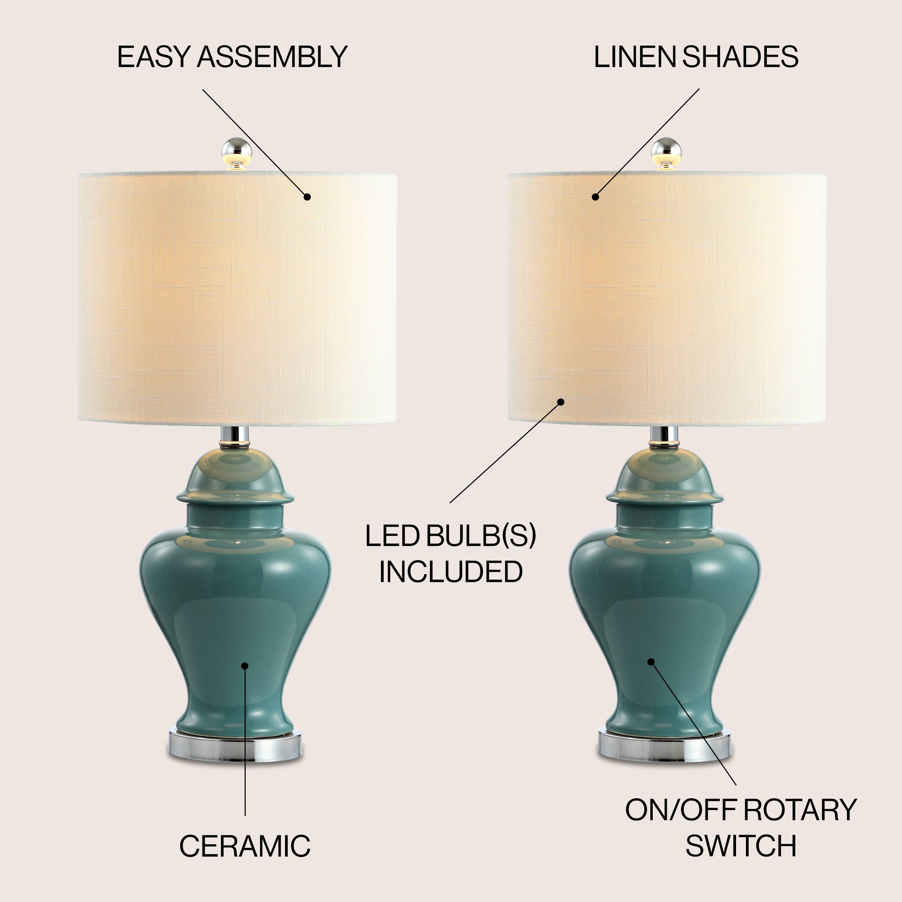 - EASY ASSEMBLY
- LINEN SHADES
- LED BULB(S) INCLUDED
- CERAMIC
- ON/OFF ROTARY SWITCH