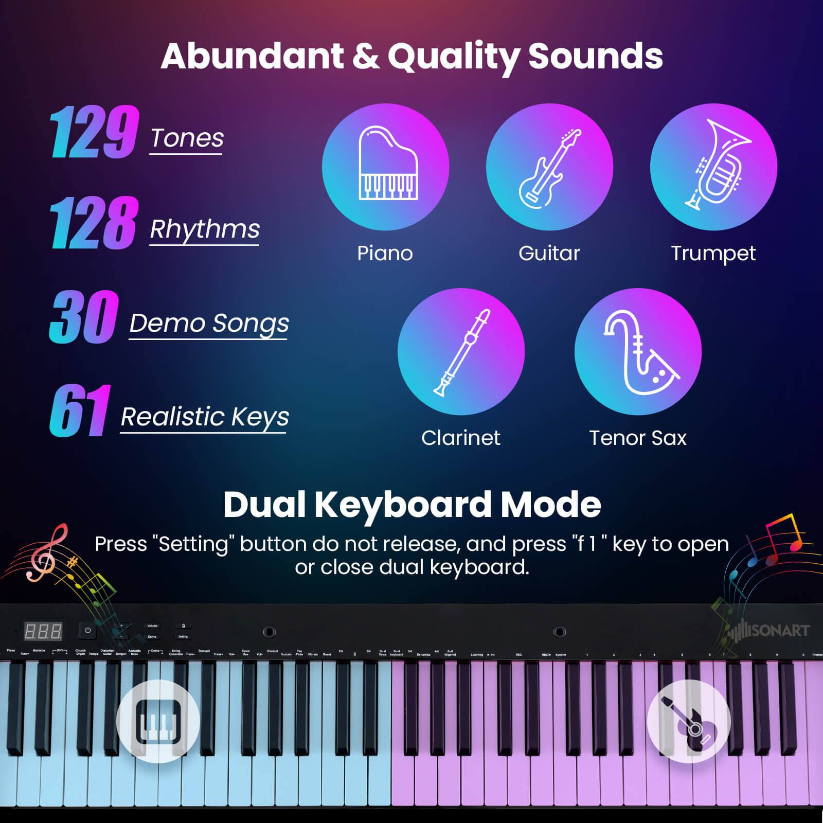 Abundant & Quality Sounds

129 Tones  
128 Rhythms  
30 Demo Songs  
61 Realistic Keys

Piano  
Guitar  
Trumpet  
Clarinet  
Tenor Sax

Dual Keyboard Mode  
Press "Setting" button do not release, and press "f1" key to open or close dual keyboard.