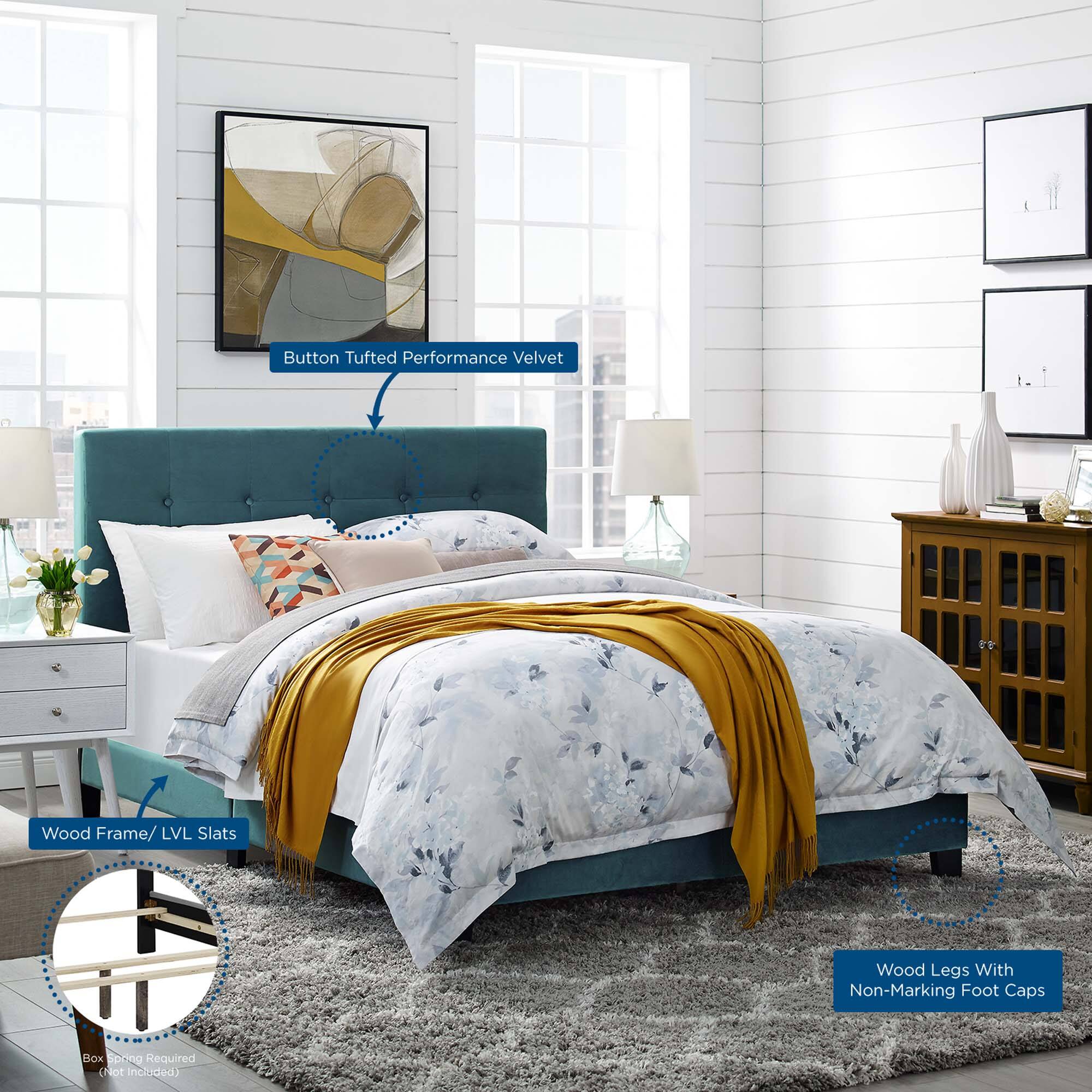 - Button Tufted Performance Velvet
- Wood Frame / LVL Slats
- Wood Legs With Non-Marking Foot Caps
- Box Spring Required (Not Included)