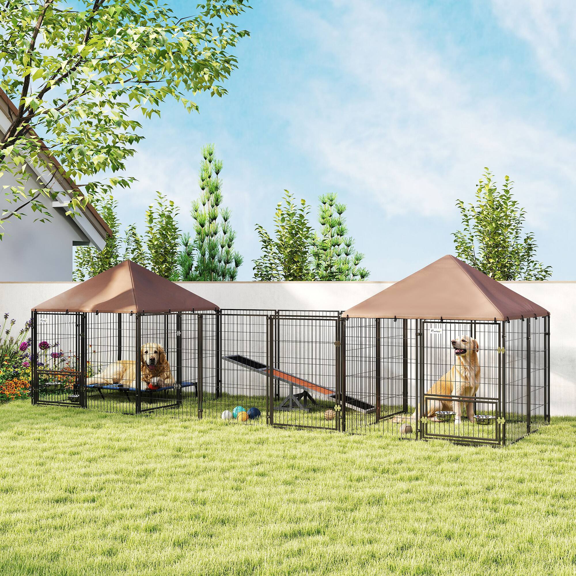 Alt View 1. Pawhut - Outdoor Dog Kennel with 2 Rooms, Rotating & Adjustable Height Bowls - Coffee.