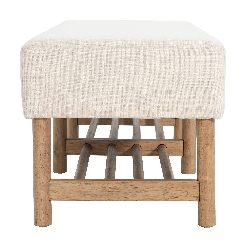 Alt View 2. Ropilly - Ropilly Rectangular Upholstered Linen Ottoman Bench with Open Storage Shelf, Solid Wood Legs, Beige - Beige.