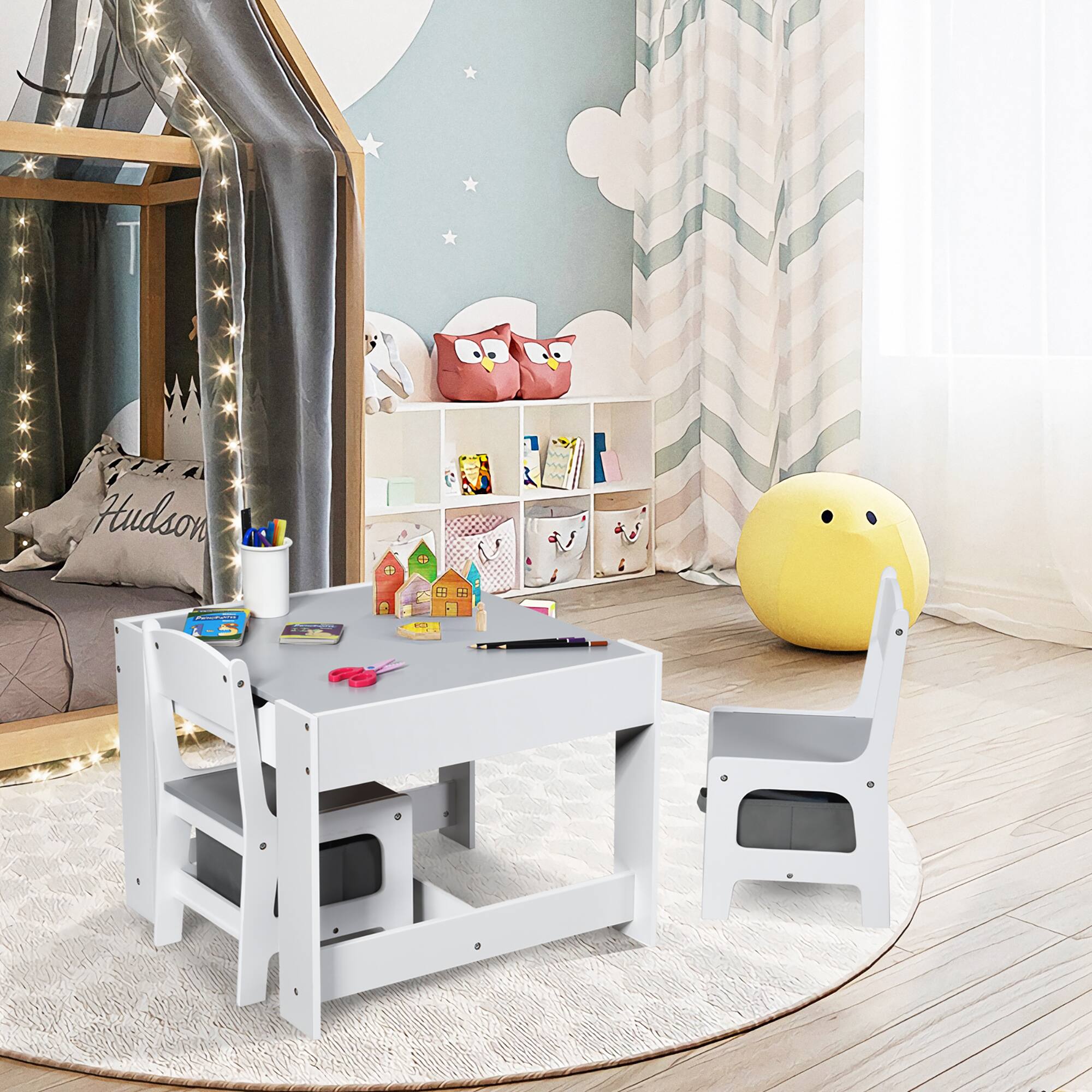 Alt View 2. Gymax - Gymax 3 in 1 Kids Wood Table Chairs Set w/ Storage Box Blackboard Drawing Grey - Grey.