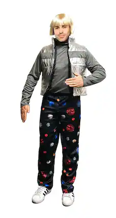 Front. Seeing Red - SNL Space Pants Costume Complete with Wig and Vest | Men's - Black.