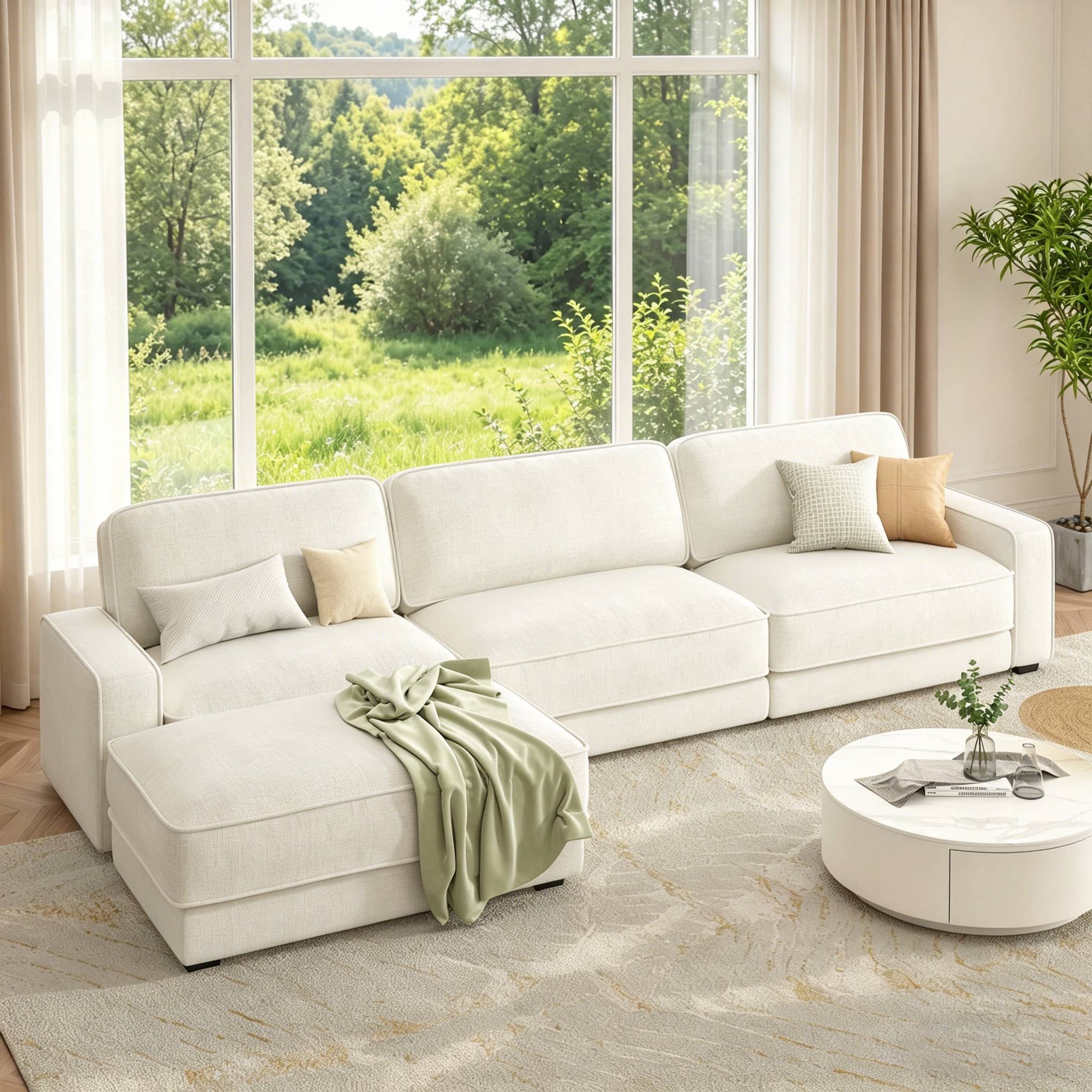 Dyonery - 119" L Shaped Couch Modular Sectional Sleeper Sofa, CHENILLE Fabric, , Tool-Free Assembly,Beige - Beige