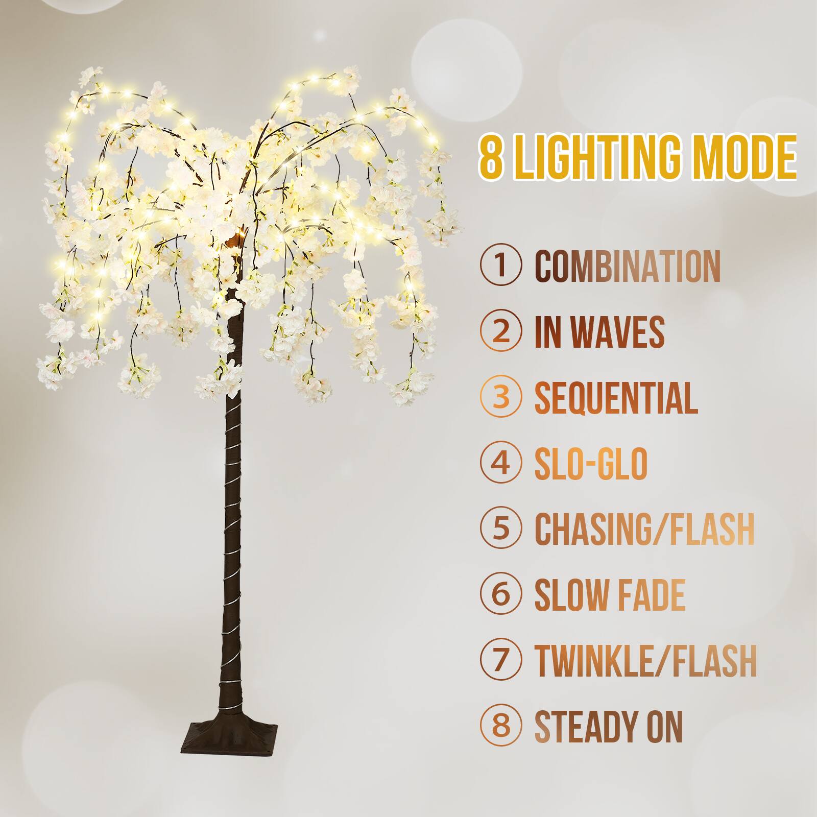 8 LIGHTING MODE  
1 COMBINATION  
2 IN WAVES  
3 SEQUENTIAL  
4 SLO-GLO  
5 CHASING/FLASH  
6 SLOW FADE  
7 TWINKLE/FLASH  
8 STEADY ON