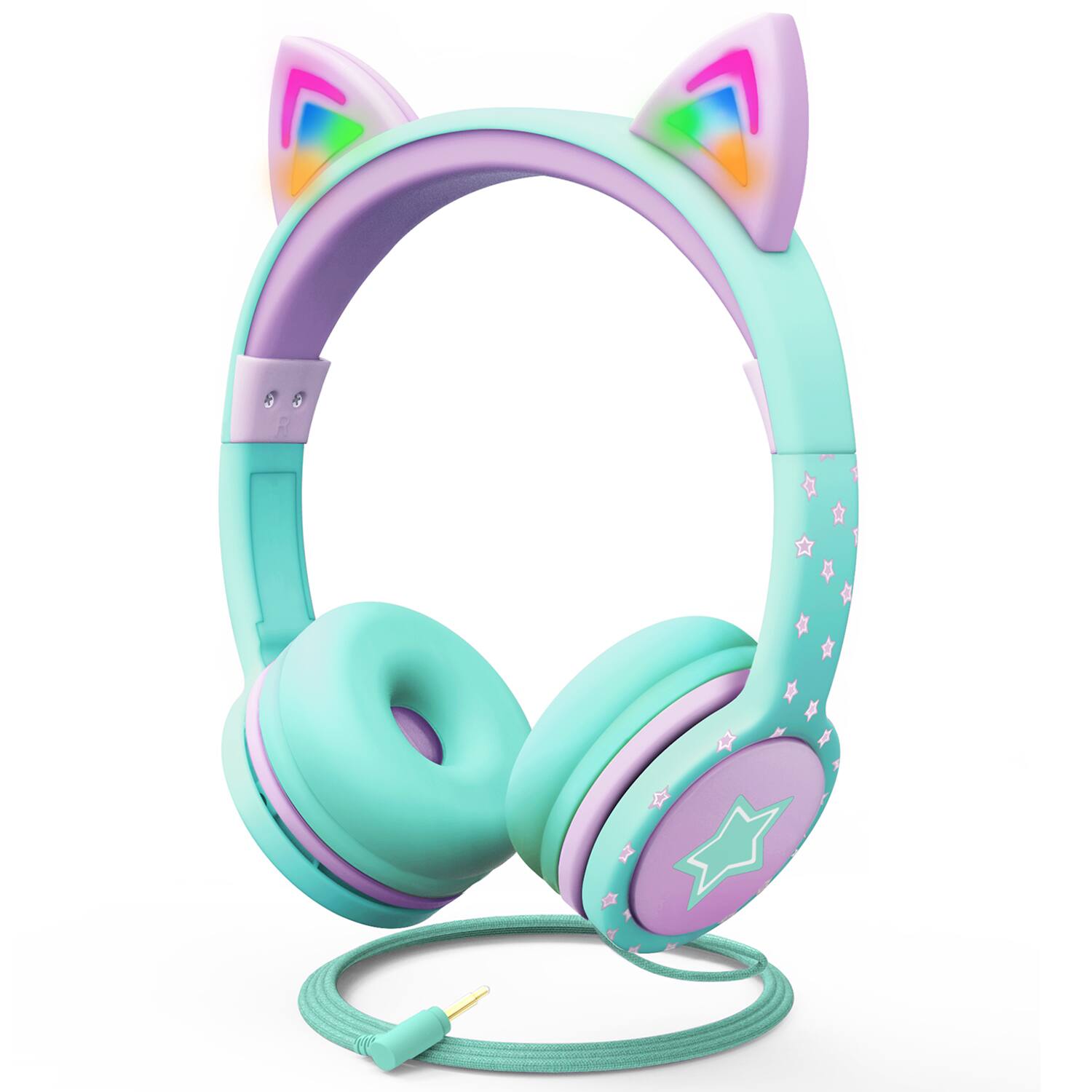 FosPower - Kids Headphones Wired, Over Ear Headphones for Kids with Cord, Cat Headset 3.5mm, Light Up LED Cat Ears, Teal/Purple - Multicolored
