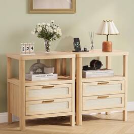 GARVEE - Nightstands Set of 2,Rattan Nightstand with Drawers, Farmhouse Bedside Table with Open Wood Shelf - Natural Oak