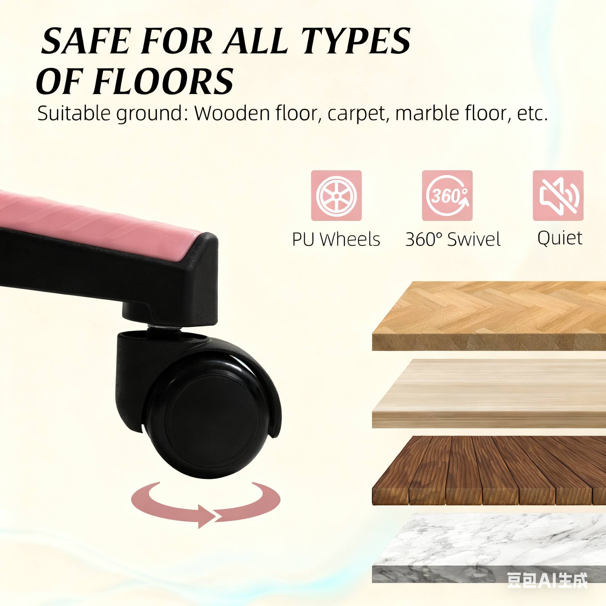 SAFE FOR ALL TYPES OF FLOORS

Suitable ground: Wooden floor, carpet, marble floor, etc.

- PU Wheels
- 360° Swivel
- Quiet