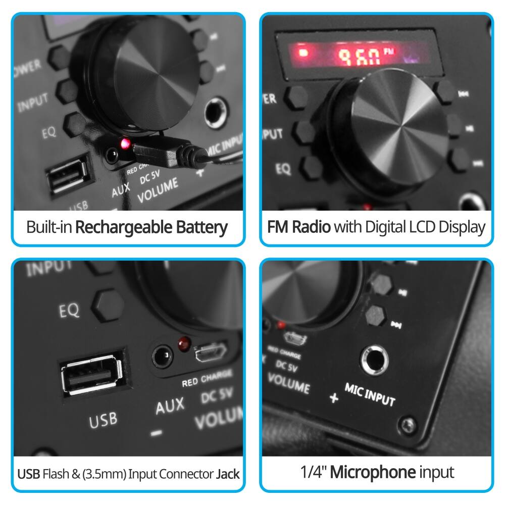 Sure, here is the corrected and grouped text from the image:

---

**Built-in Rechargeable Battery**

**FM Radio with Digital LCD Display**

**USB Flash & (3.5mm) Input Connector Jack**

**1/4" Microphone input**

---

**POWER**

**INPUT**

**EQ**

**MIC INPUT**

**AUX**

**VOLUME**

**USB**

**RED CHARGE**

**DC 5V**

**MIC INPUT**

**VOLUME**

**DC 5V**

**USB Flash & (3.5mm) Input Connector Jack**

**1/4" Microphone input**