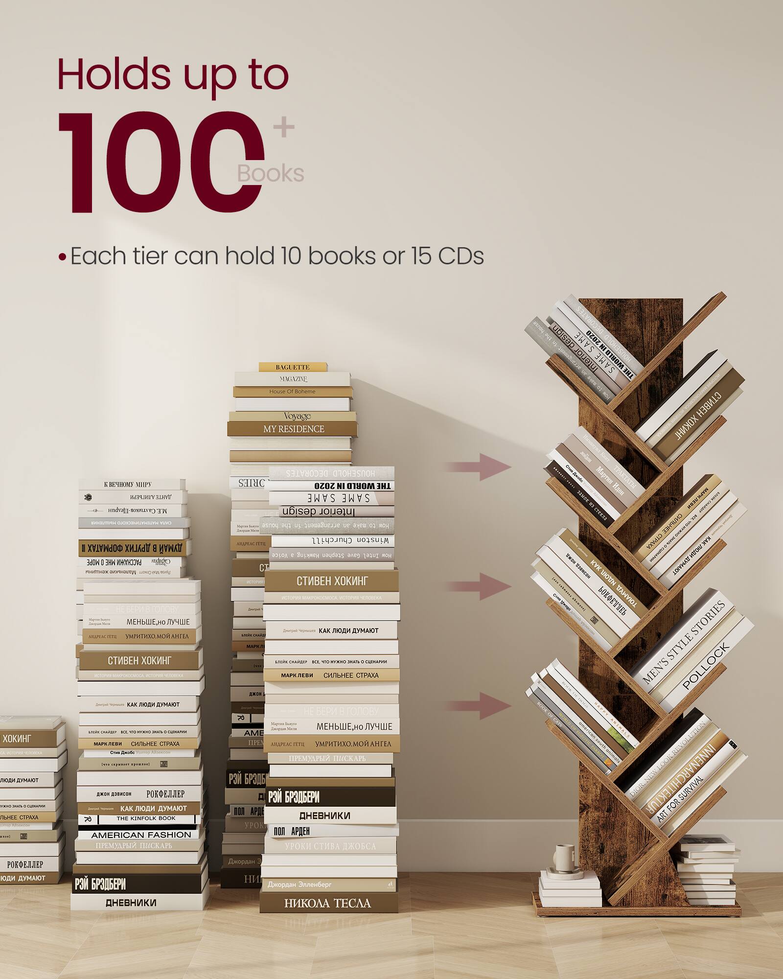 Holds up to 100+ Books  
Each tier can hold 10 books or 15 CDs