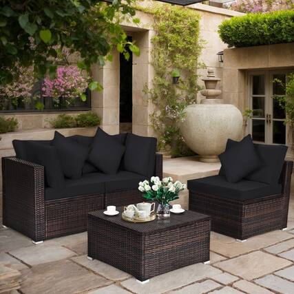 Front. Kadyn - 4 Pieces Ottoman Garden Patio Rattan Wicker Furniture Set with Cushion-Black, Patio Seating Conversation Set - Black.