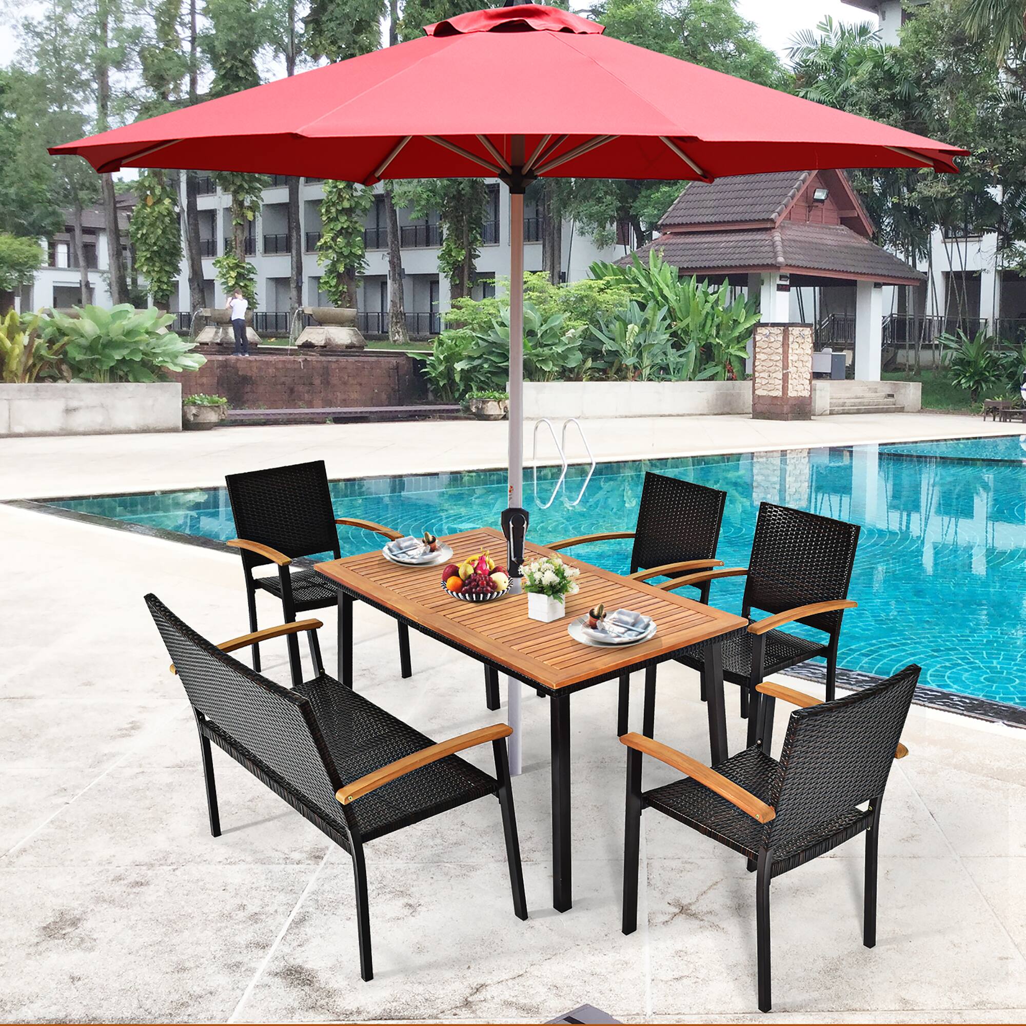 Alt View 2. Costway - Costway 55" Patio Rattan Dining Table Acacia Wood Table Top Umbrella Hole - Natural.