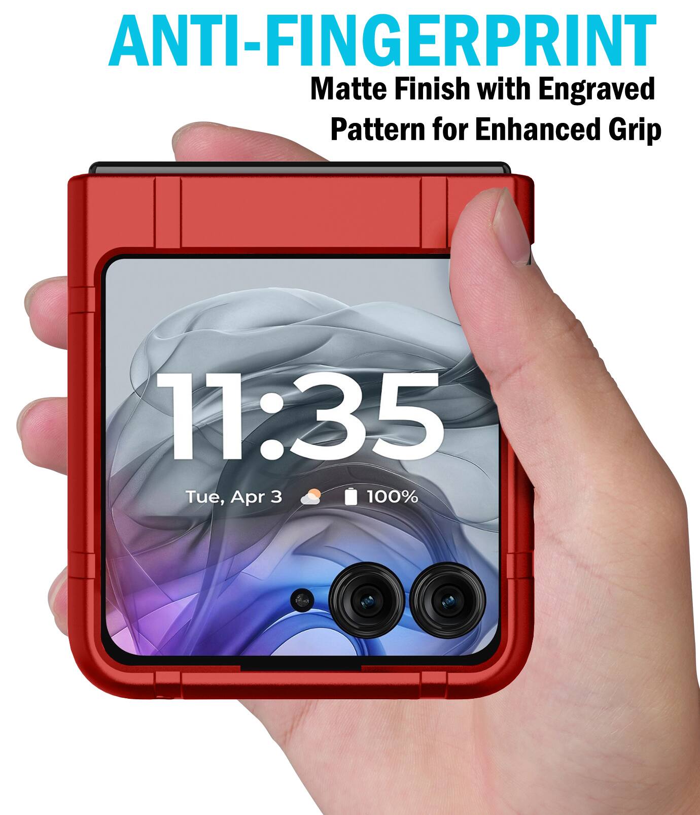 ANTI-FINGERPRINT  
Matte Finish with Engraved Pattern for Enhanced Grip  
11:35  
Tue, Apr 3  
100%