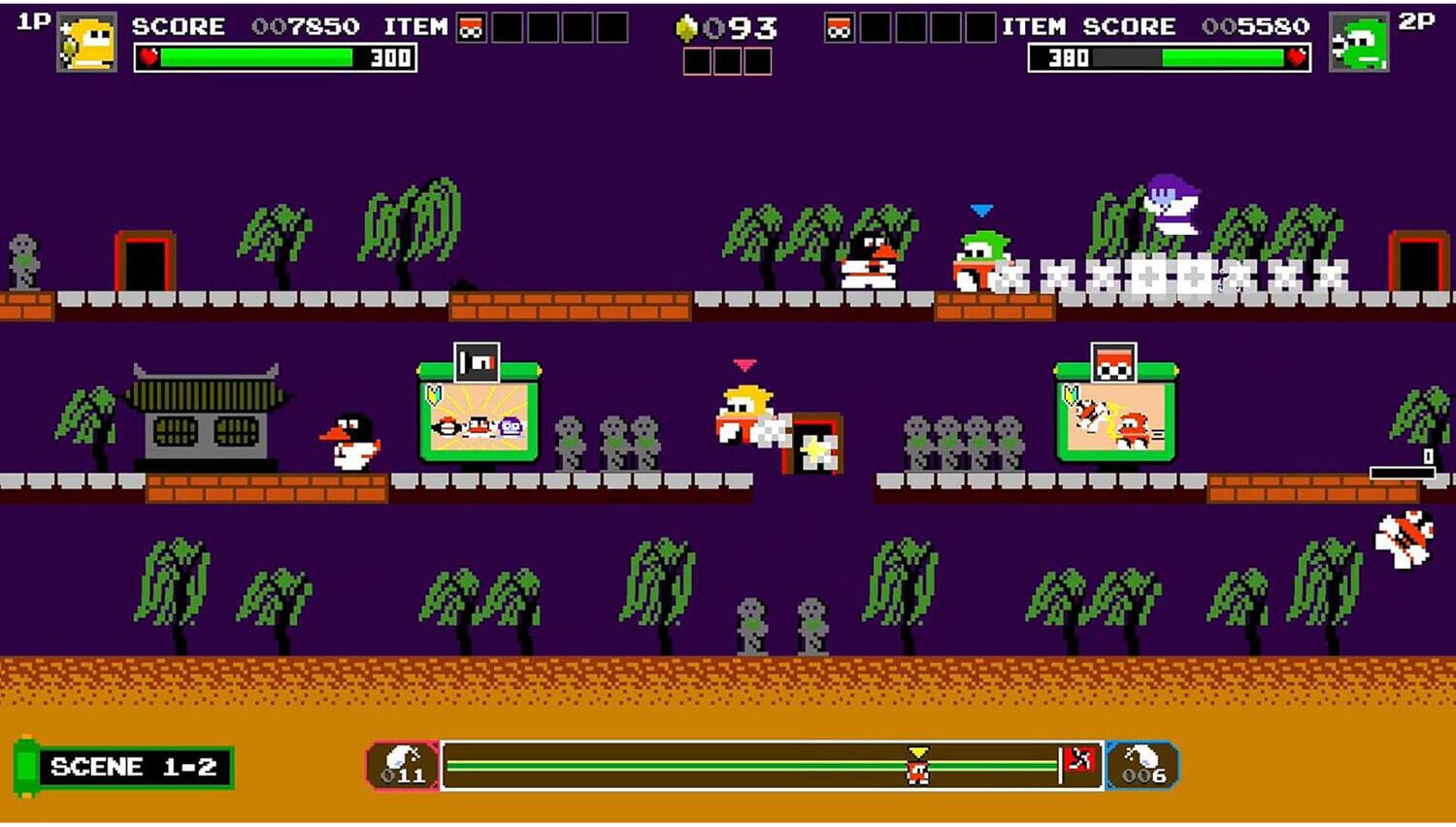 1P SCORE 7850 ITEM 300 93  
ITEM SCORE 380 5580  
SCENE 1-2  
2P