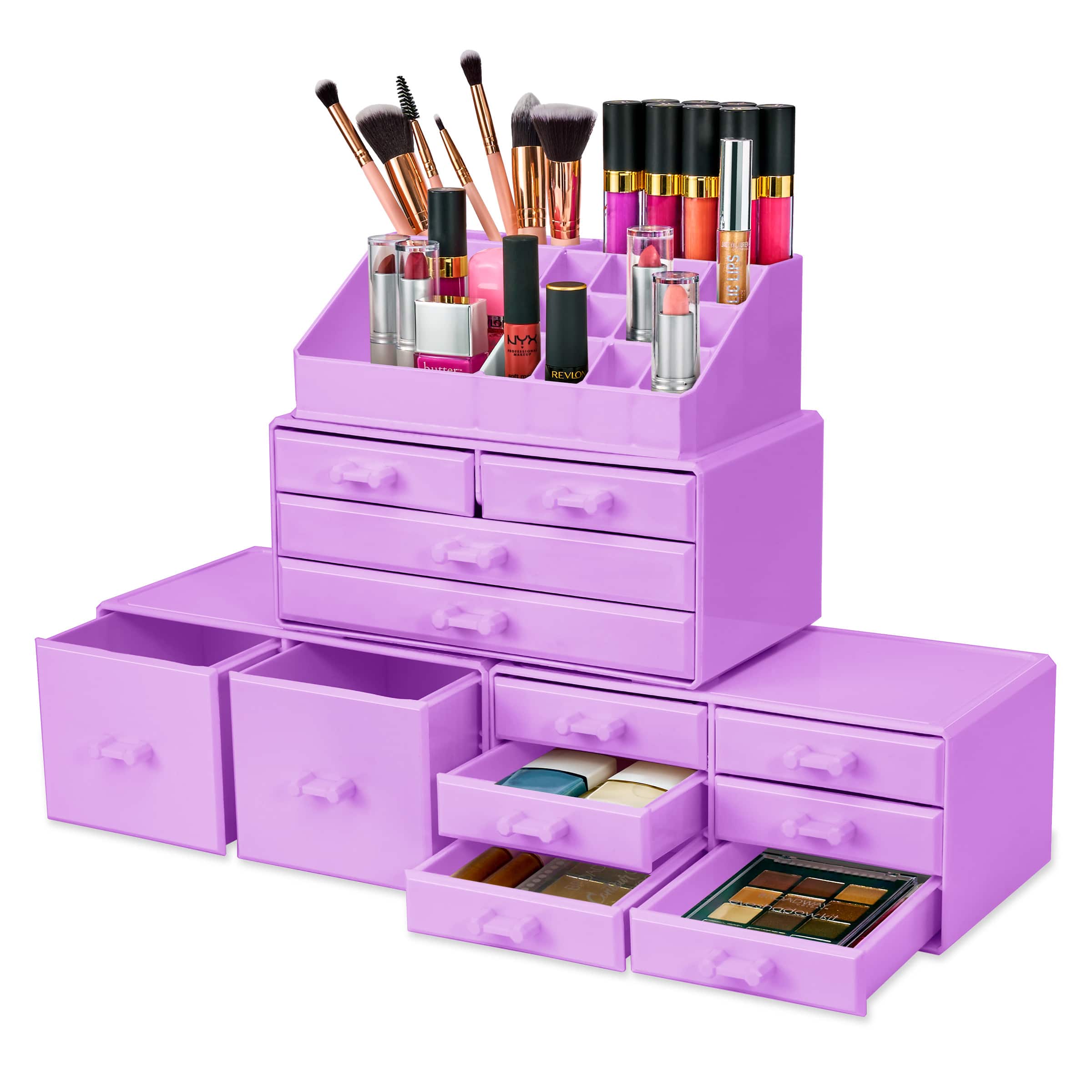 Sorbus - Large 12 Drawers Makeup Organizer with Lipstick Slots & Makeup Brush Holders - Purple