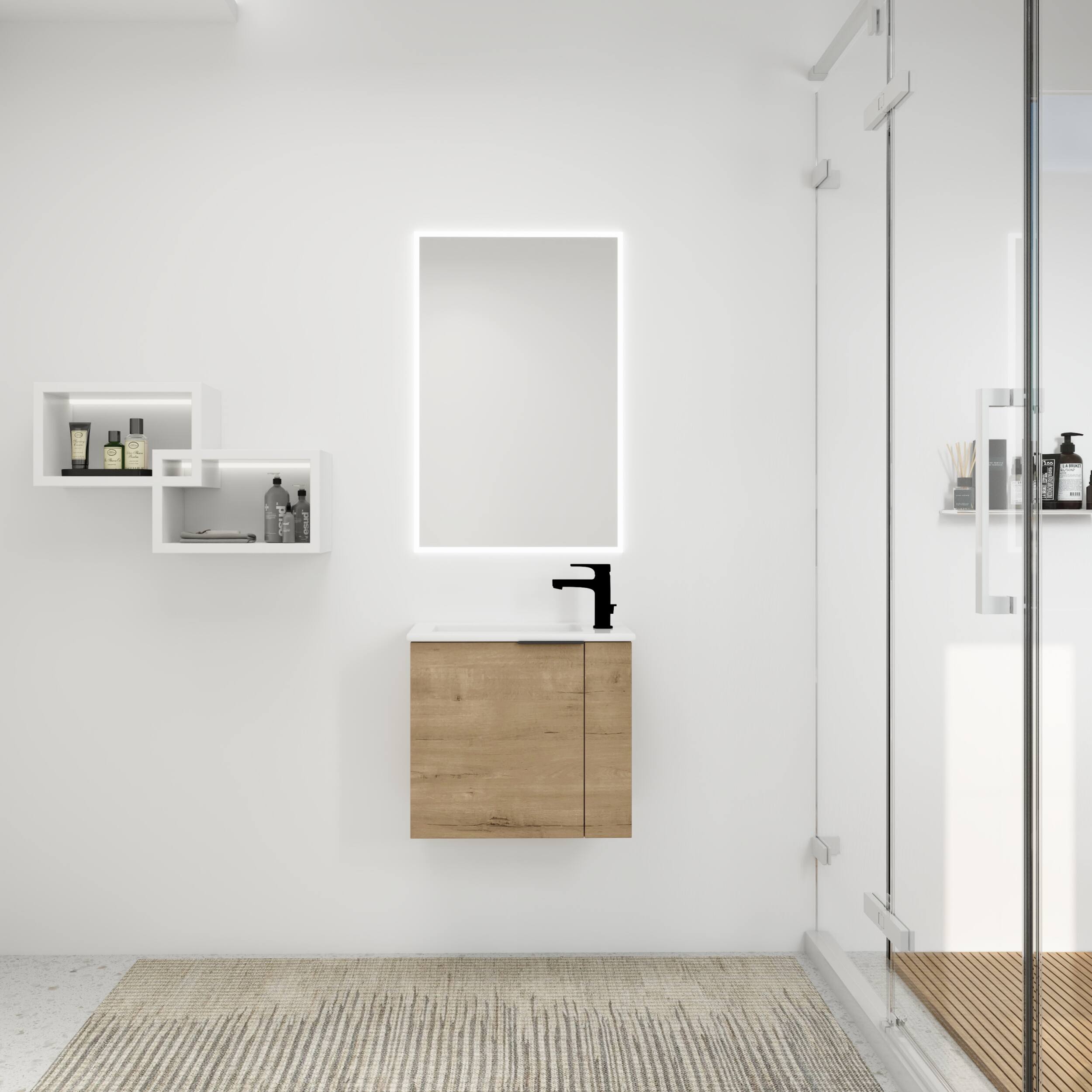 Front. ELEMENT ACE - Compact Floating Bathroom Vanity with Ceramic Sink and Soft Close Doors Perfect for Small Spaces - Imitative Oak.
