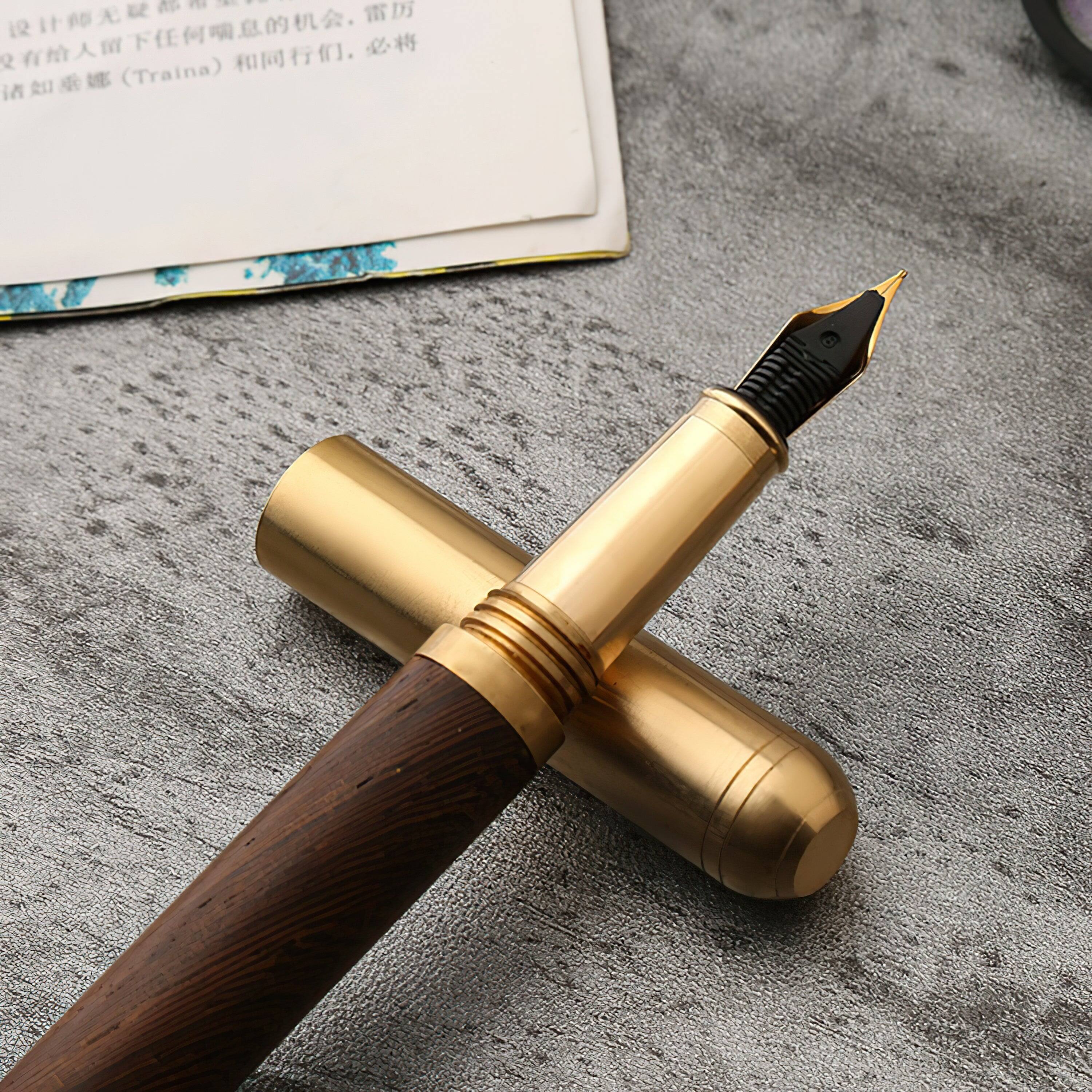 Angle. Steel Horse Leather - The Hemmingway | Handmade Wood and Brass Fountain Pen - Black.