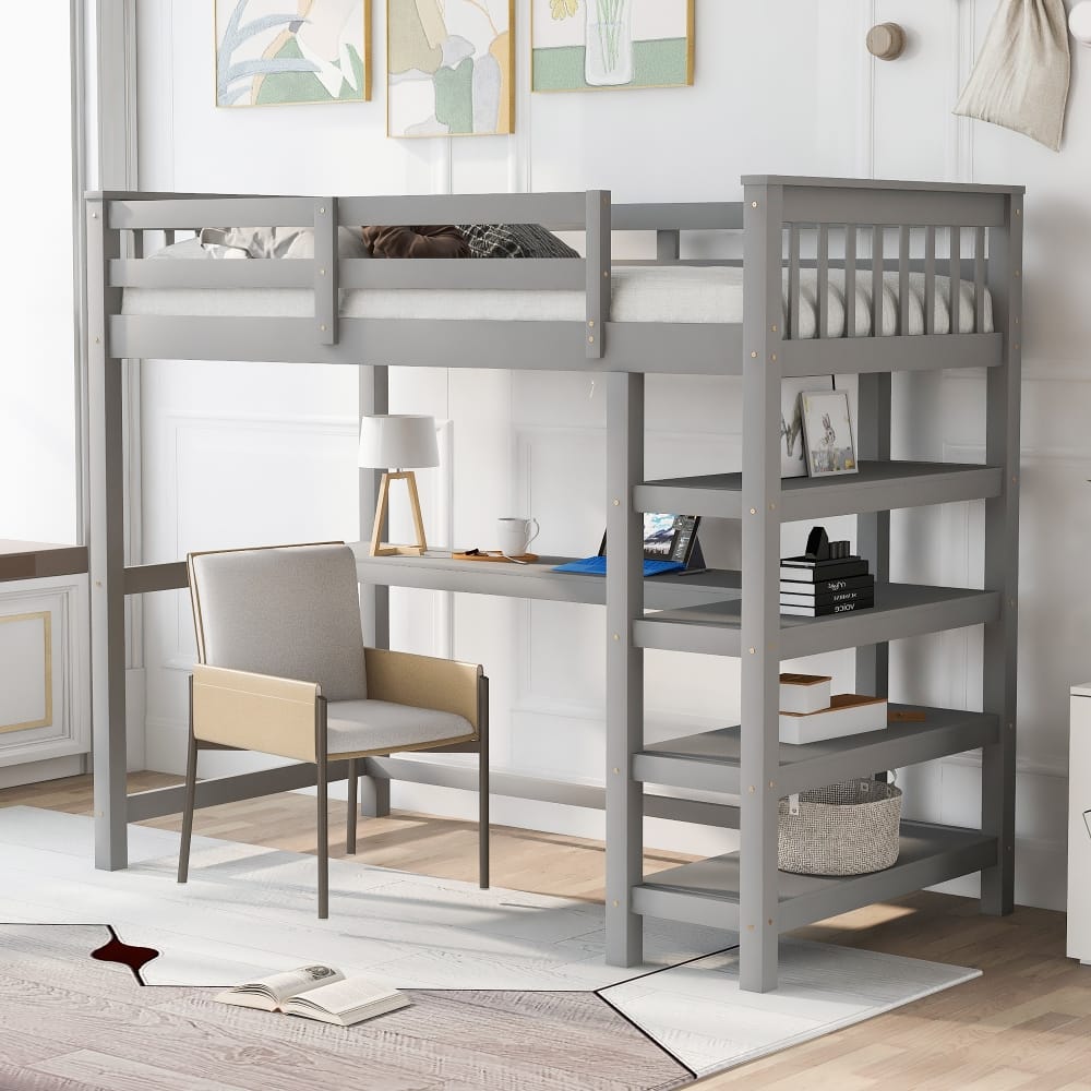 Loheer - Twin Loft Bed with Desk and Storage Shelves, Solid Pine Wood Space-Saving Bed Frame - Gray price history on PriceWatchPro