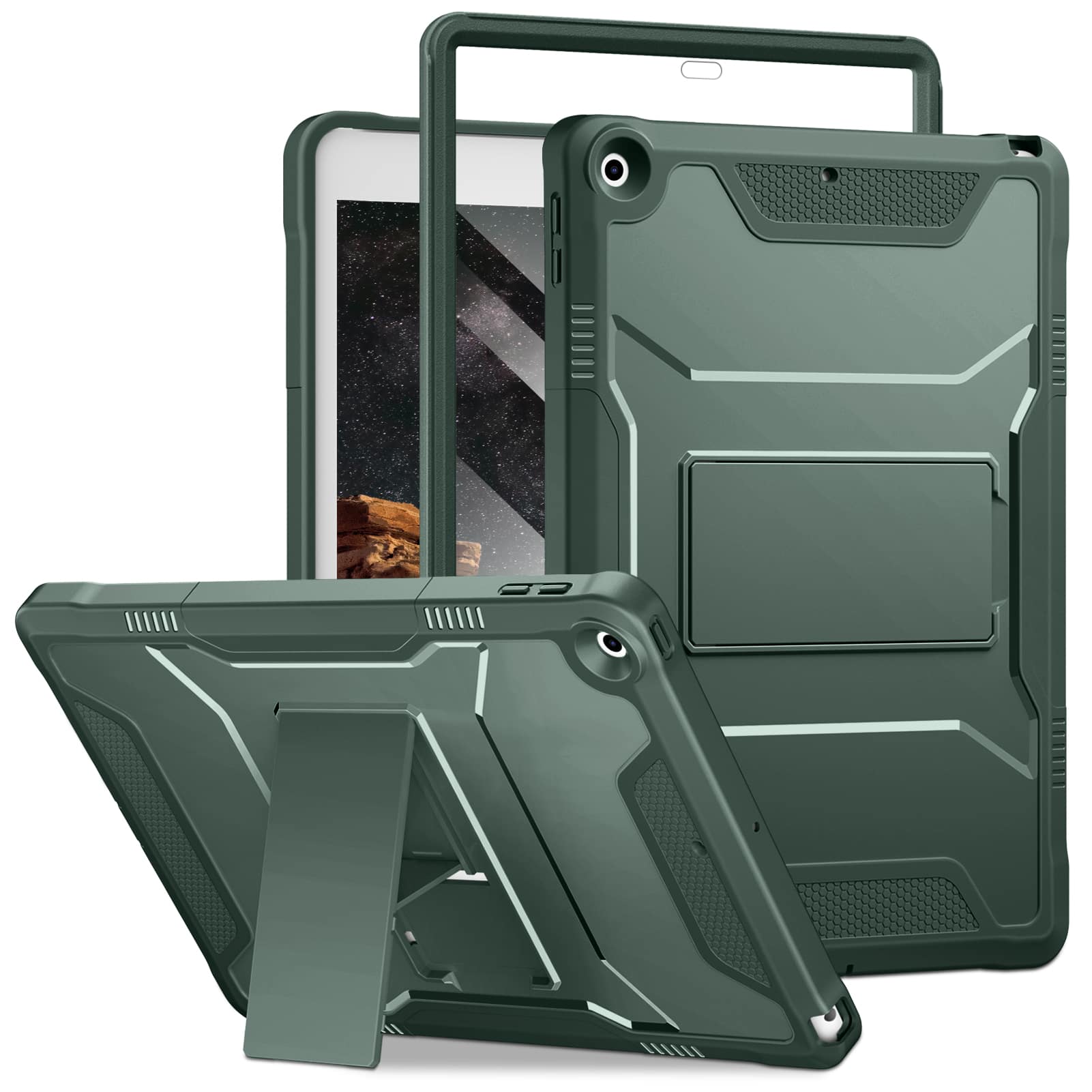 Front. DTTO - iPad 10.2 inch Case for 7th/8th/9th Gen (2019-2021) with Screen Protector, Shockproof Cover and Kickstand - Chrome Green.