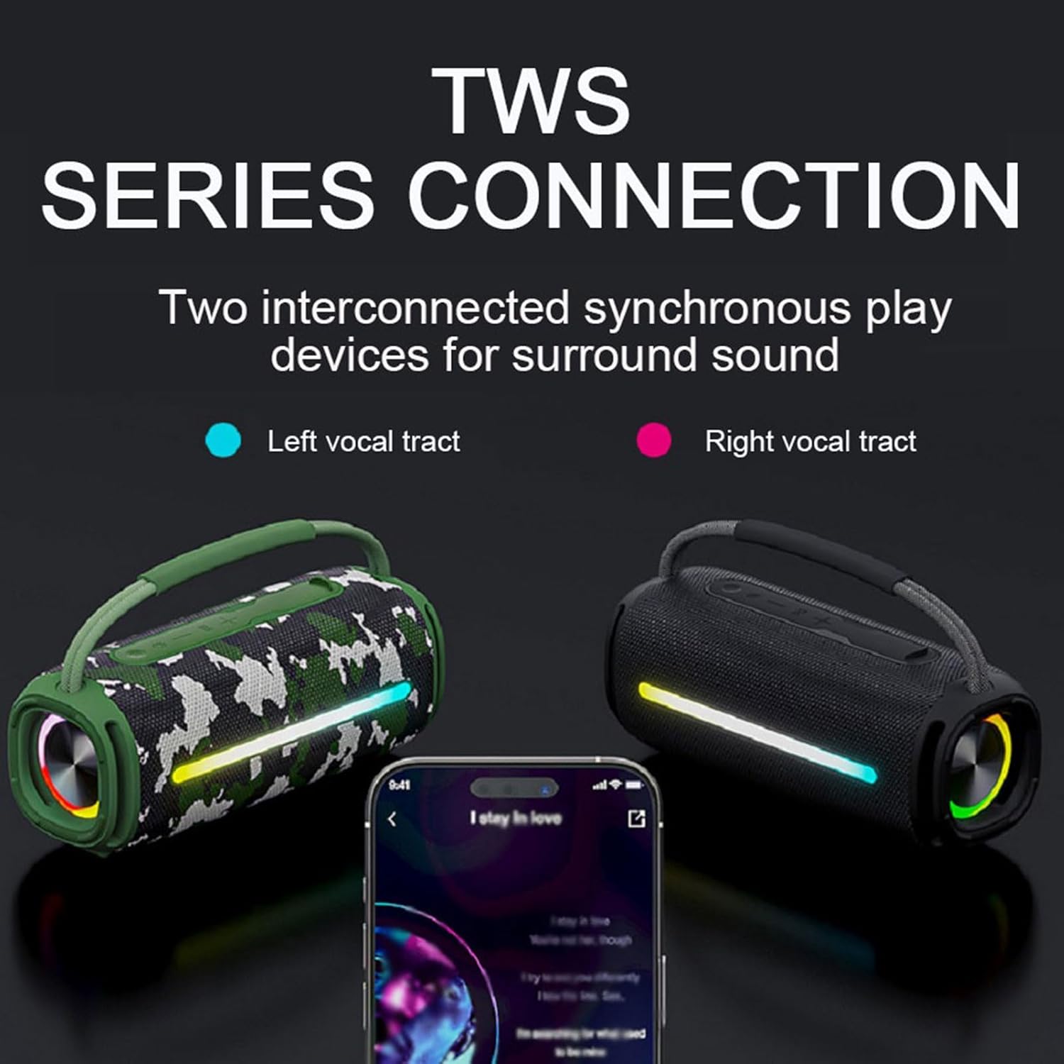 TWS SERIES CONNECTION

Two interconnected synchronous play devices for surround sound

- Left vocal tract
- Right vocal tract

I stay in love