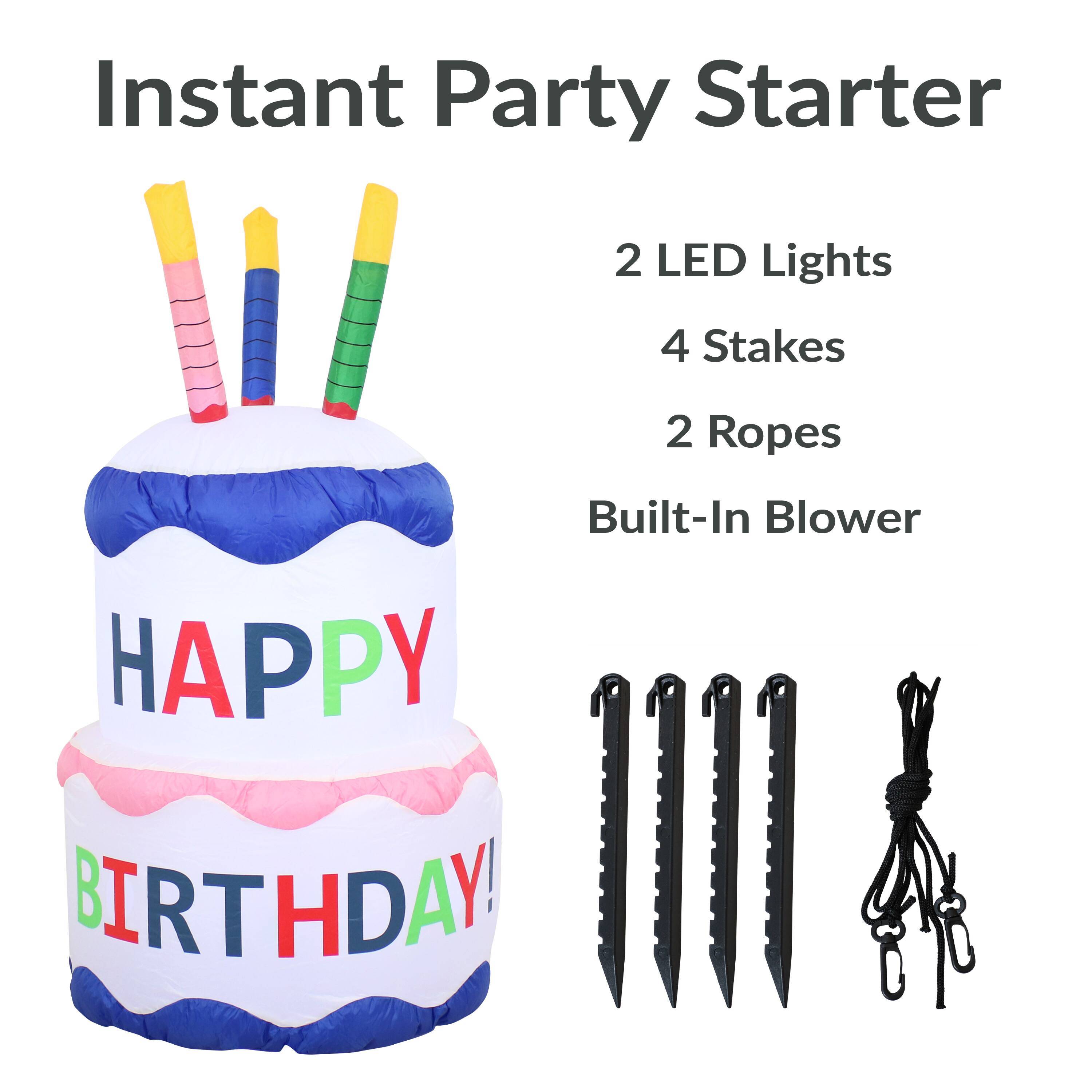 Instant Party Starter  
2 LED Lights  
4 Stakes  
2 Ropes  
Built-In Blower  
HAPPY BIRTHDAY!