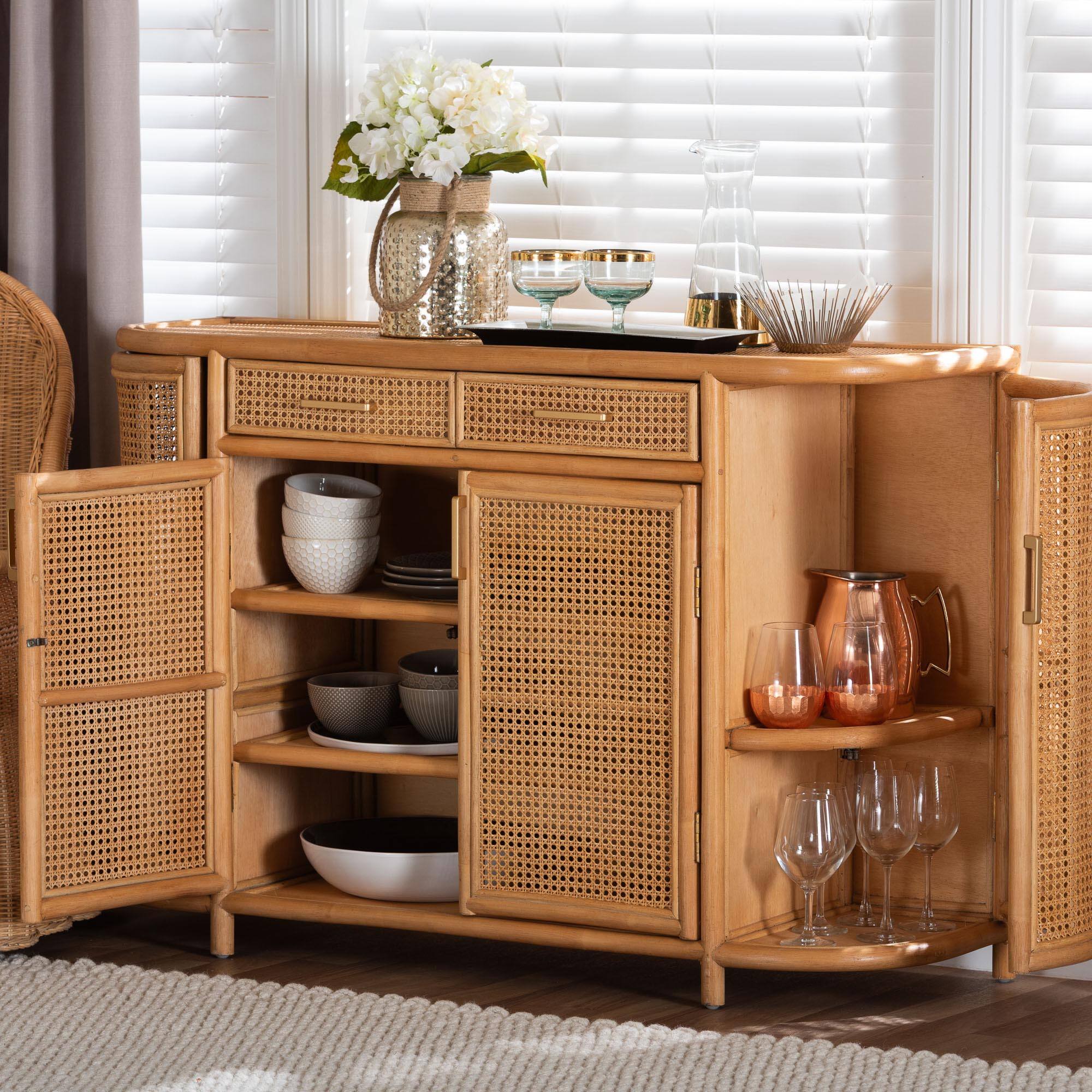 Alt View 5. bali & pari - McKenna Natural Rattan Sideboard - Handwoven Wicker Buffet Credenza, Boho Coastal Style - Light Honey/Gold.