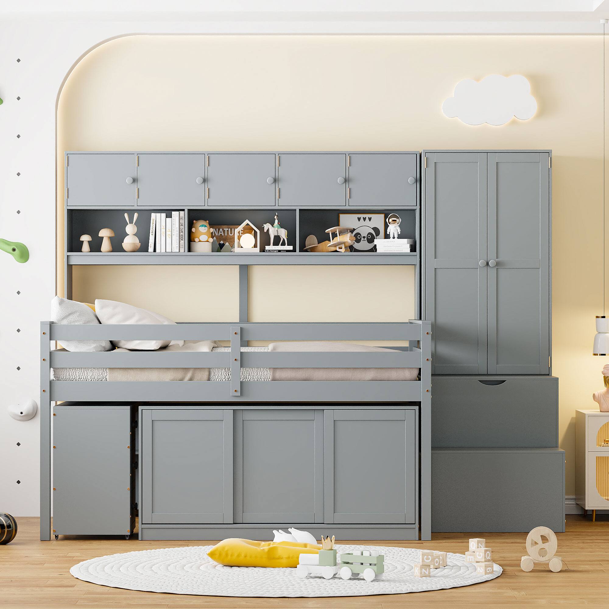 Left. Tiramisubest - Full Size Gray Wooden Loft Bed with Storage, Desk, Drawers & Shelves - Gray.