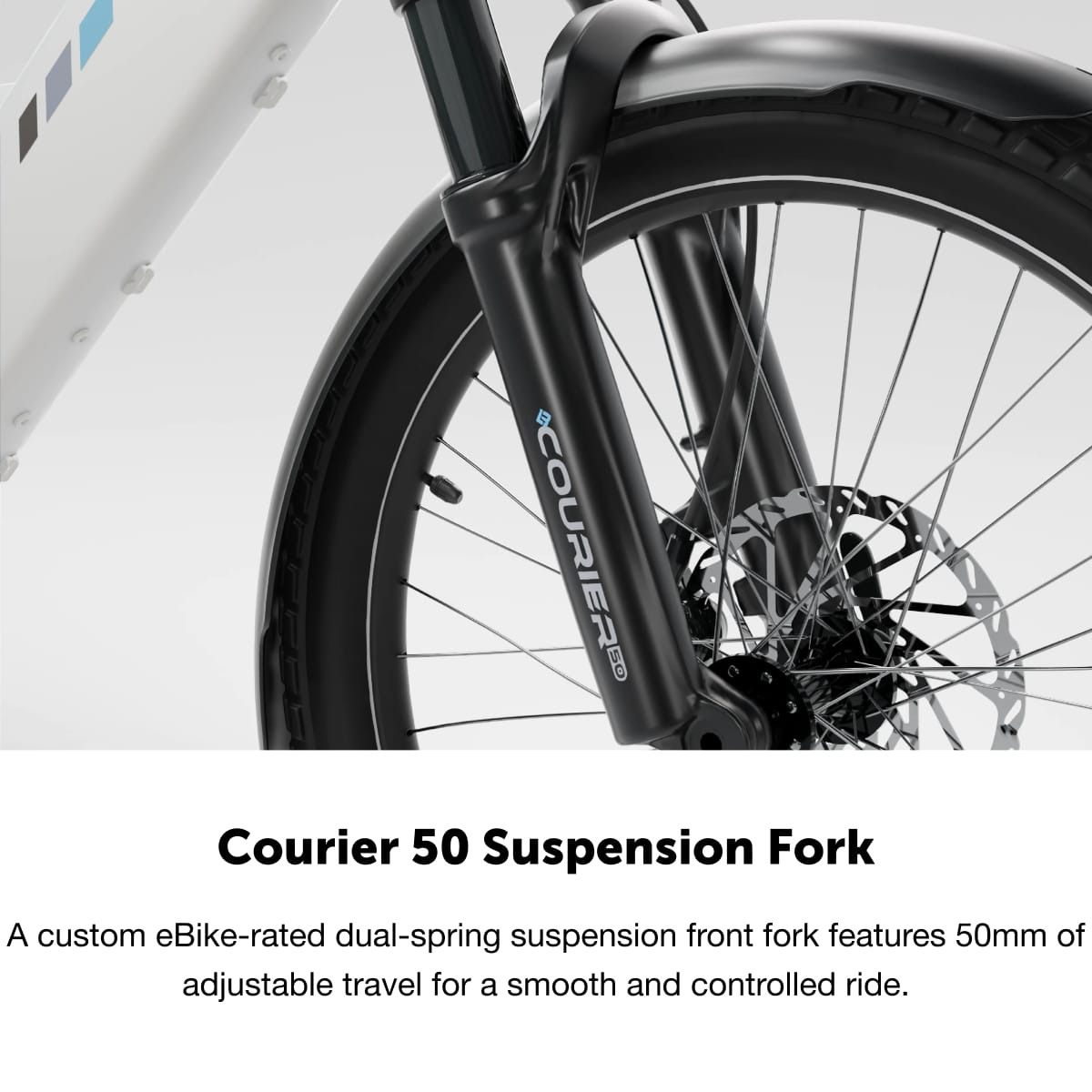Courier 50 Suspension Fork: A custom eBike-rated dual-spring suspension front fork features 50mm of adjustable travel for a smooth and controlled ride.