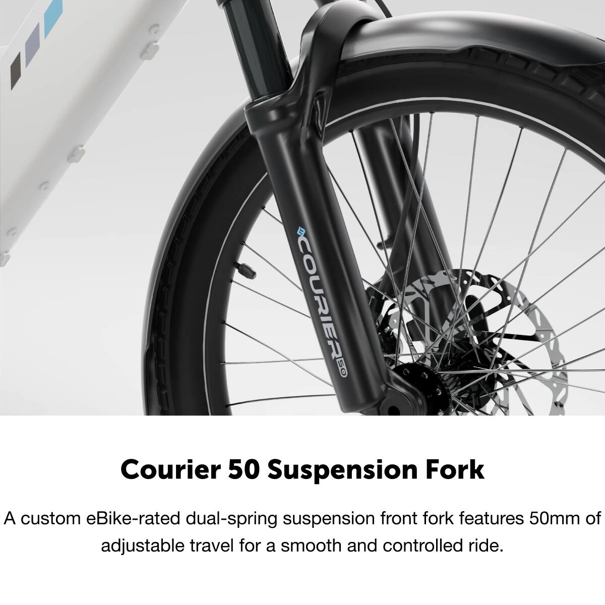 Courier 50 Suspension Fork: A custom eBike-rated dual-spring suspension front fork features 50mm of adjustable travel for a smooth and controlled ride.