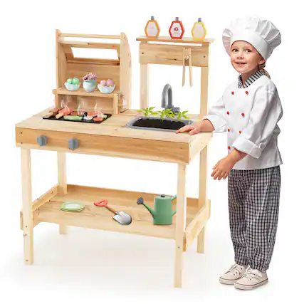 Front. Gymax - Gymax Wooden Barbecue Grill Playset w/ Play Food Grilling Tools & Accessories - Natural.