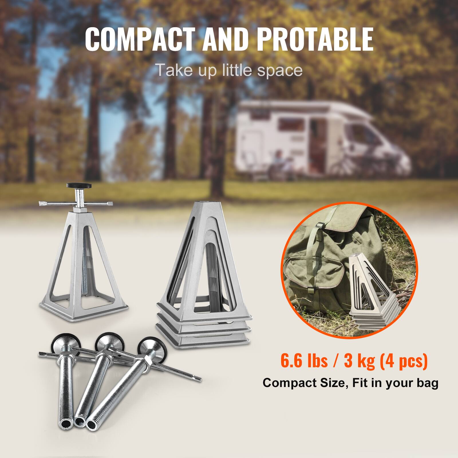 COMPACT AND PORTABLE  
Take up little space  

6.6 lbs / 3 kg (4 pcs)  
Compact Size, Fit in your bag