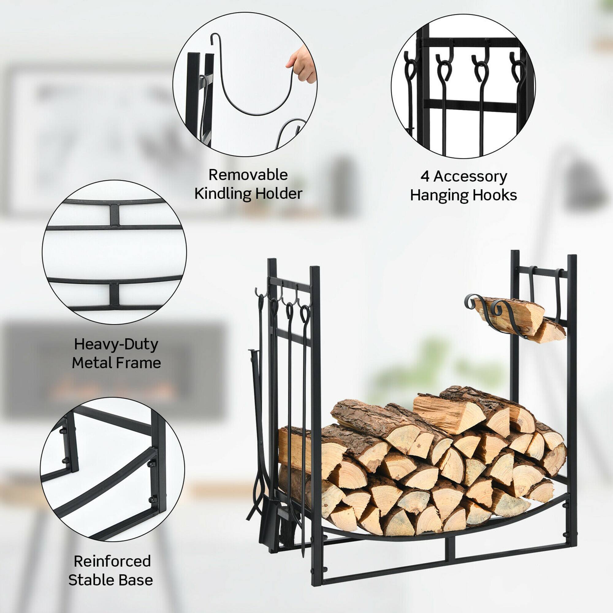- Removable Kindling Holder
- 4 Accessory Hanging Hooks
- Heavy-Duty Metal Frame
- Reinforced Stable Base