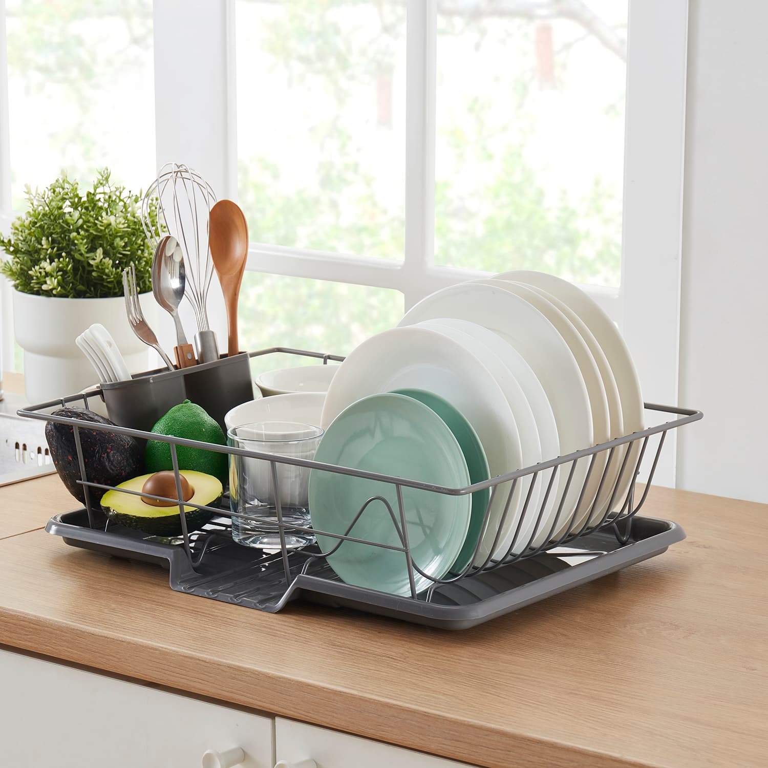 Front. Sweet Home Collection - Steel 3-Piece Large Countertop Dish Drainer with Drain Board & Utensil Holder - Gray.