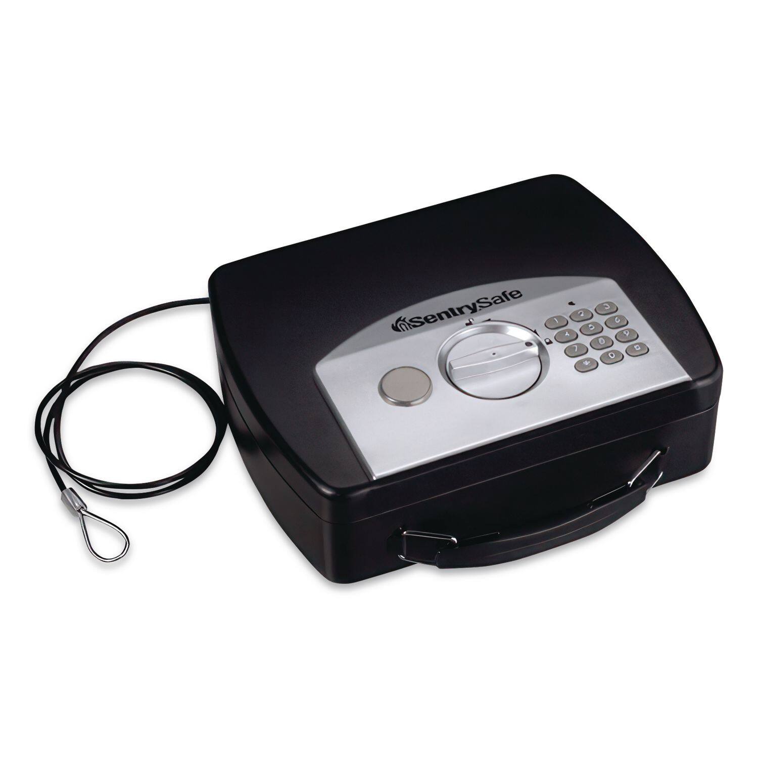 Angle. Sentry - P008e Portable Electronic Security Safe, 0.08 Cu Ft, 10 X 7.9 X 2.9, Black/silver.